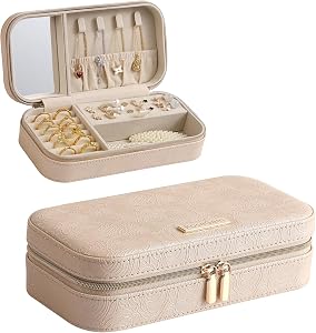 Travel Jewelry Case, Travel Jewelry Box Organizer with Mirror, 4.1 x 8 x 2.4 Inches, Stitching, Portable, Gift Idea (Rosy)