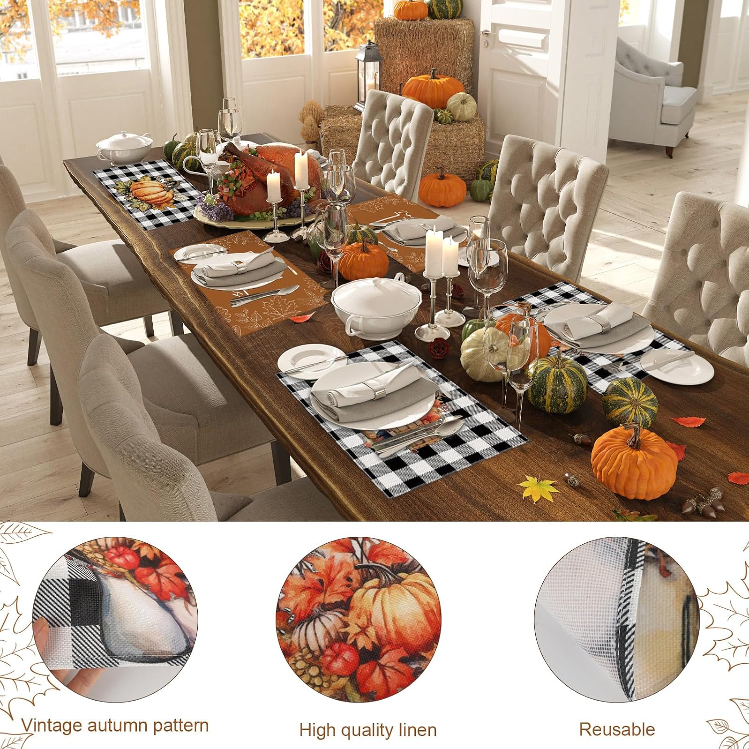 Preboun 6 Pcs Vintage Fall Placemat Set Fall Autumn Rustic Buffalo Plaid Table Mats Washable Farmhouse Pumpkin Leaves Truck Thanksgiving Place Mats for Kitchen Dining Holiday Decoration, 12 x 18 Inch
