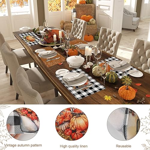 Miniatura 3 de Preboun Juego de 6 manteles individuales vintage de otoño, rústico, a cuadros, lavables, granja, hojas de calabaza, camión, Acción de Gracias, para