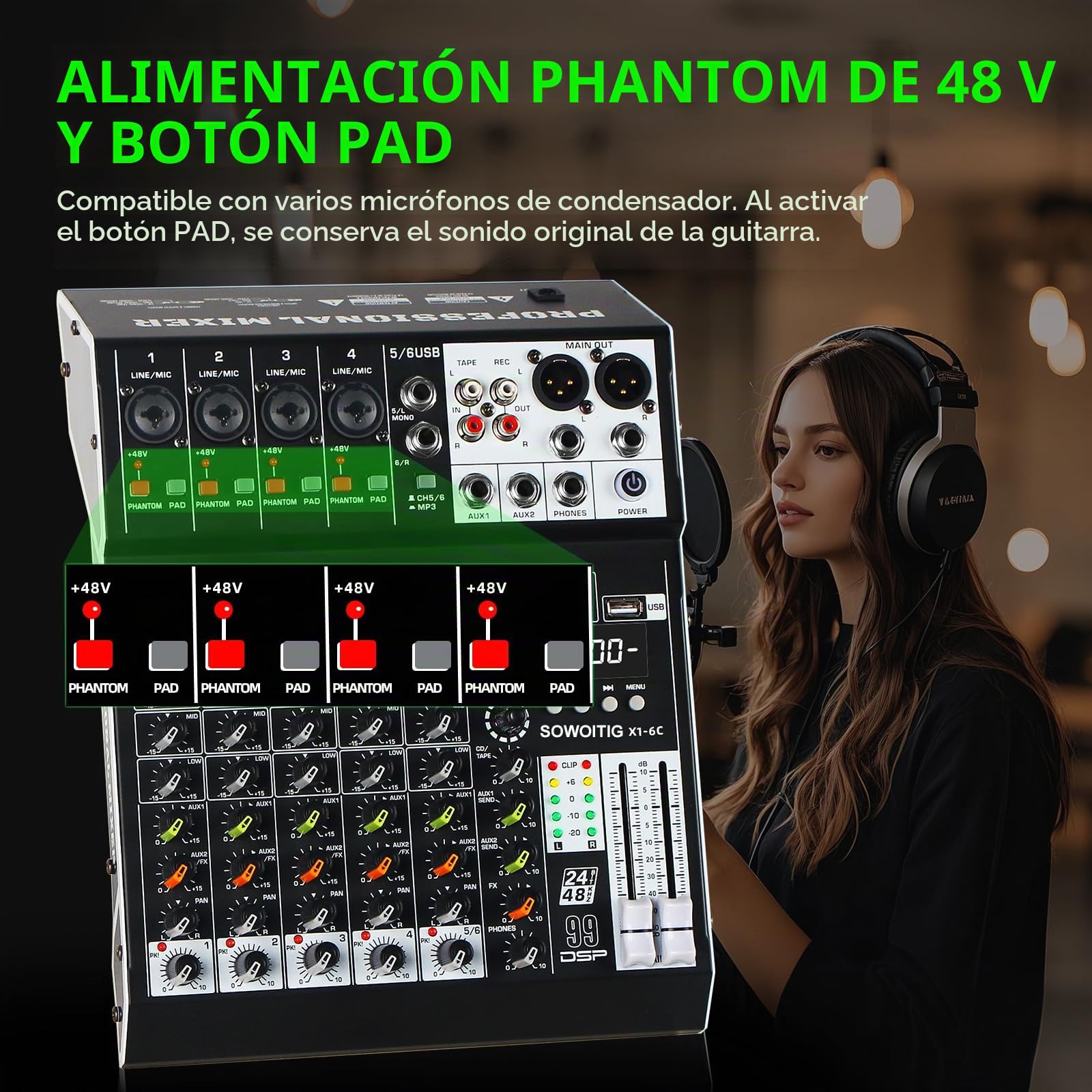 Consola mezcladora de audio de 6 canales con 99 efectos DSP, mezclador digital para DJ, mezclador profesional con USB, Bluetooth, alimentación fantasma de 48 V