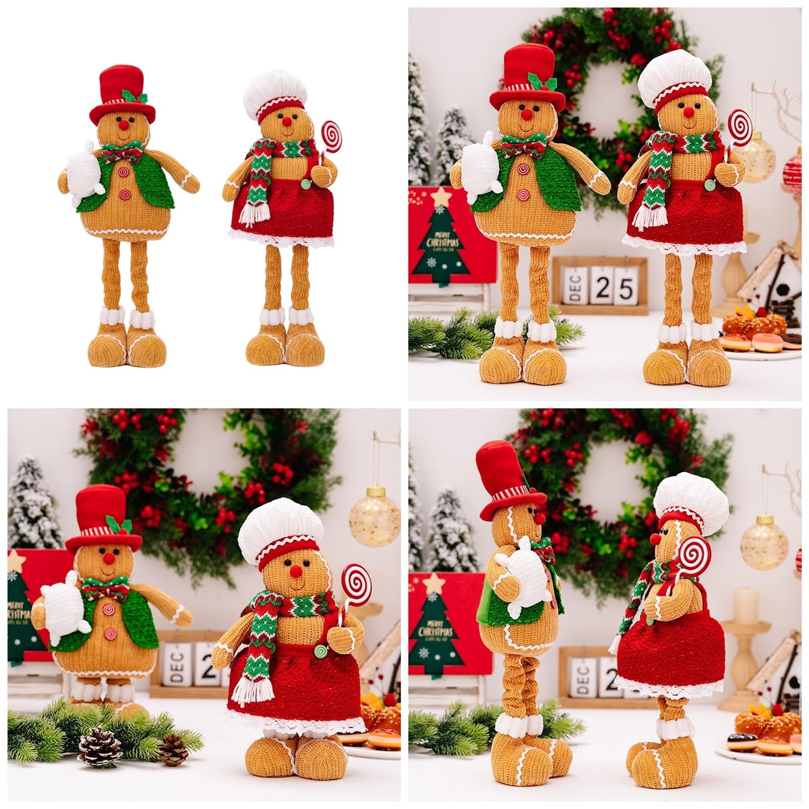 2 muñecos de peluche de Navidad con diseño de panes de jengibre, decoración elegante de gnomos escalables, adorno de peluche