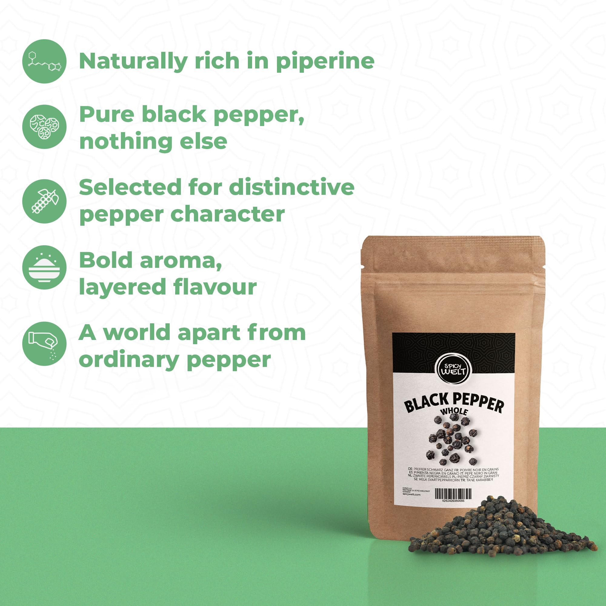 Spicy Welt Pepe Nero in Grani (1kg) – Pepe Intero da Macinare per Pasta, Carne, Marinature e Salse | Gusto Intenso e Pungente | 100% Naturale, Senza Additivi