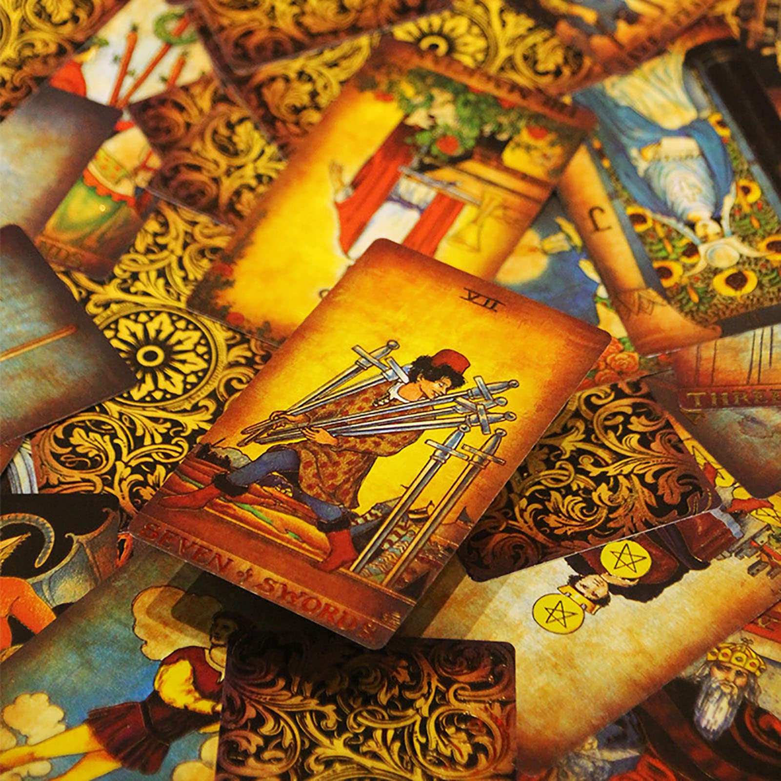 Juego de Cartas de Tarot con Instrucciones en Inglés, Juego de Adivinación de Cartas de Tarot para Lectores Expertos Principiantes,Oro