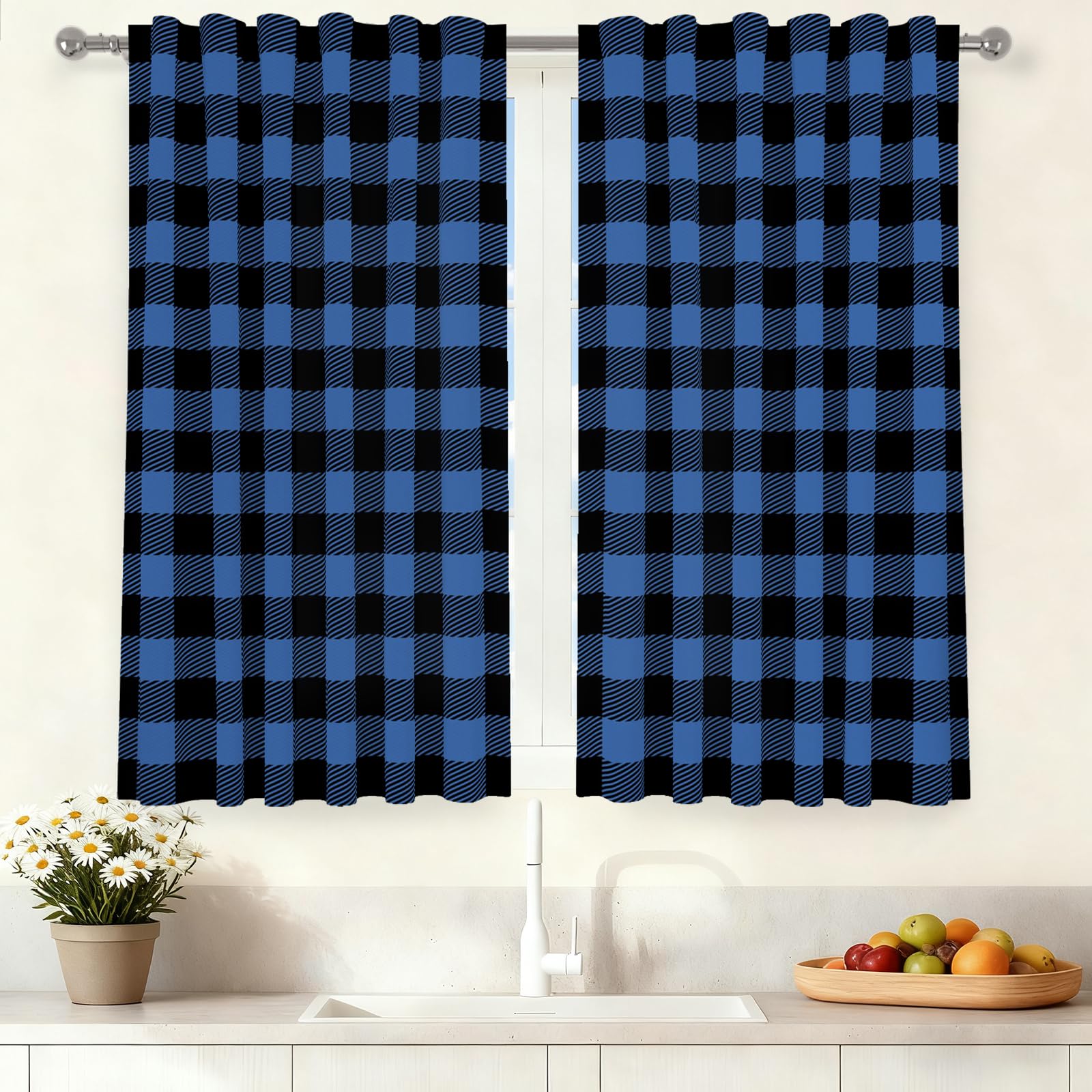 Rideaux de camping-car à carreaux bleu et noir pour petit vitrage