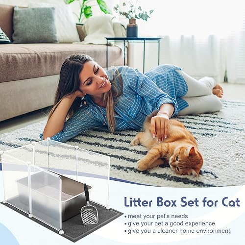 Miniatura 6 de Tioncy Paquete de 2 cajas de arena extra grandes de acero inoxidable para gatos, 2 cucharas de arena para gatos, 2 alfombrillas de arena para gatos,
