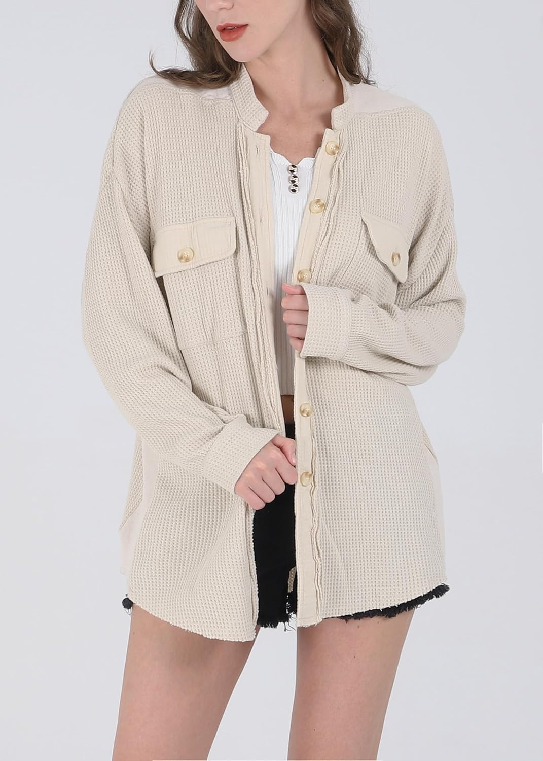 utcoco Women's Casual Waffle Knit Shacket Jacket Loose Fit Long Sleeve Button Down Shirt Shacket Top - Image 4