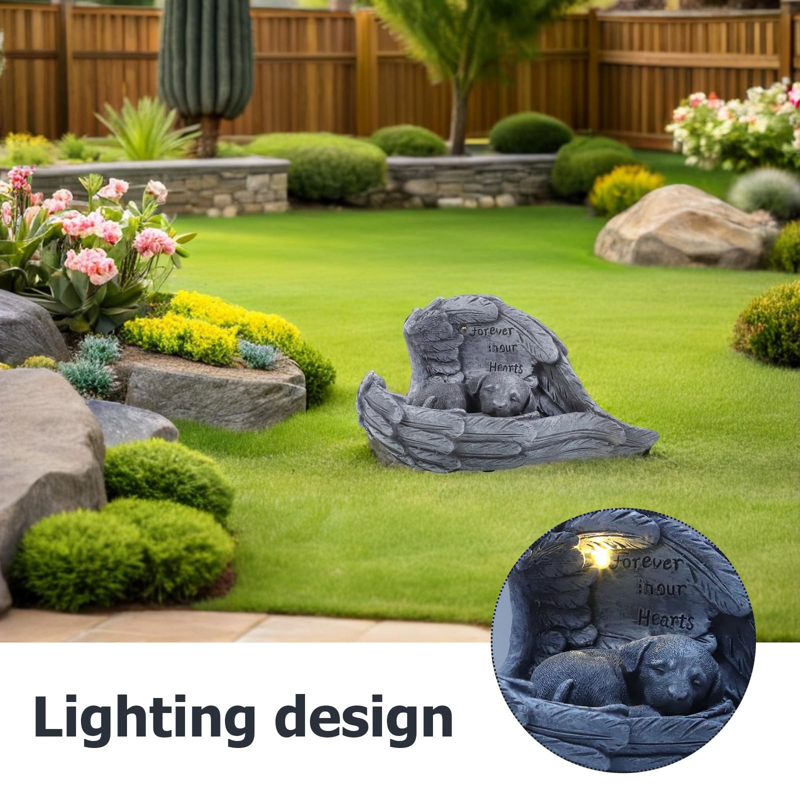 Healeved Solar Powered Resin Pet Grave Marker with Wings Realistic Dog Memorial Statue for Outdoor Garden Solar Lighted Miniature Sculpture to And Remember Pets