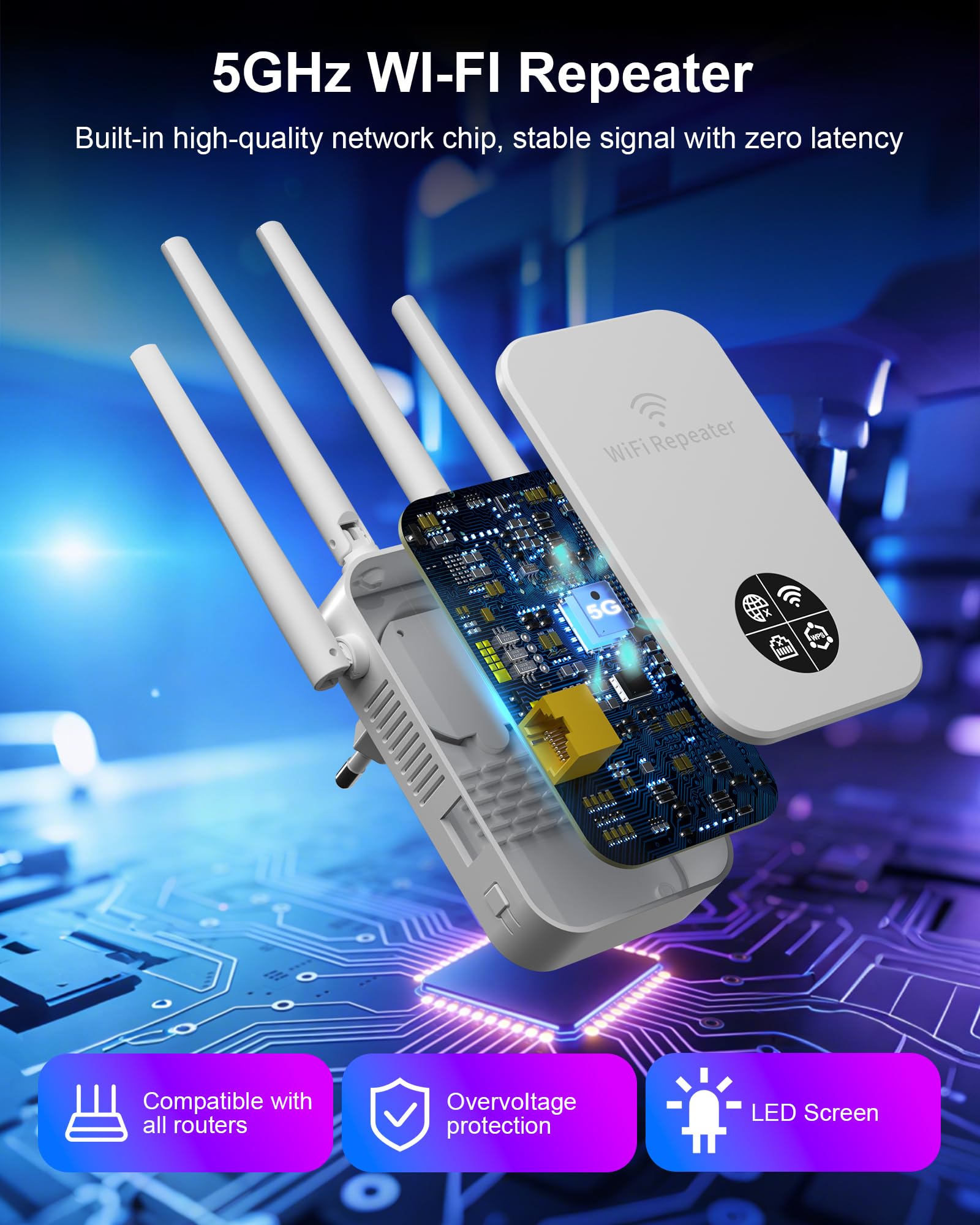 Wzmacniacz Wi-Fi 1200 Mbit/s wzmacniacz WLAN, 5 GHz i 2,4 GHz, podwójny wzmacniacz WiFi z WPS, WiFi Internet Booster, kompatybilny ze wszystkimi urządzeniami Wi-Fi