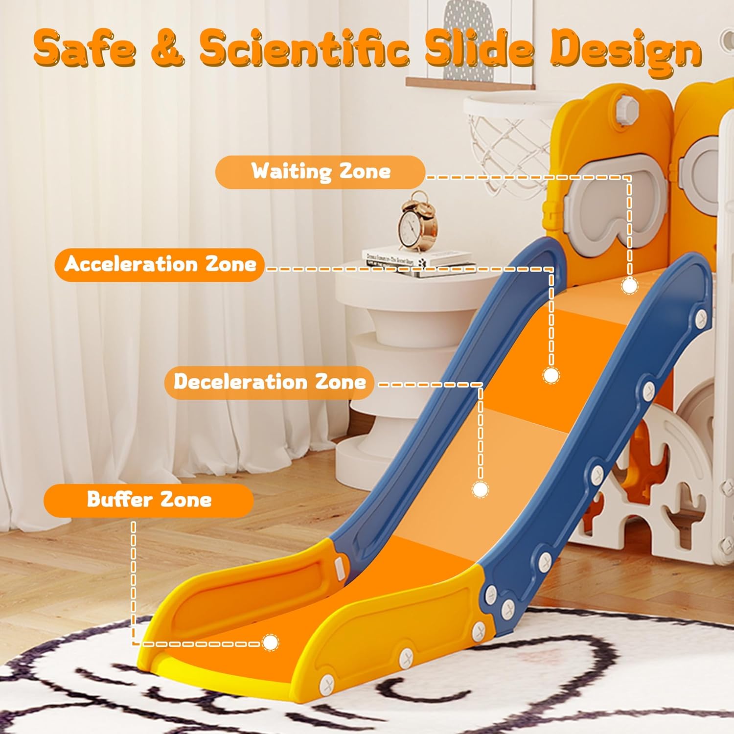 GITAWUSA 10 in 1 Toddler Slide Playset Indoor & Outdoor Playground for Kids Aged 1-3, Complete with Golf Set, Basketball Hoop, Climbing Frame, Drawing Board and Steering Wheel, Blue & Yellow