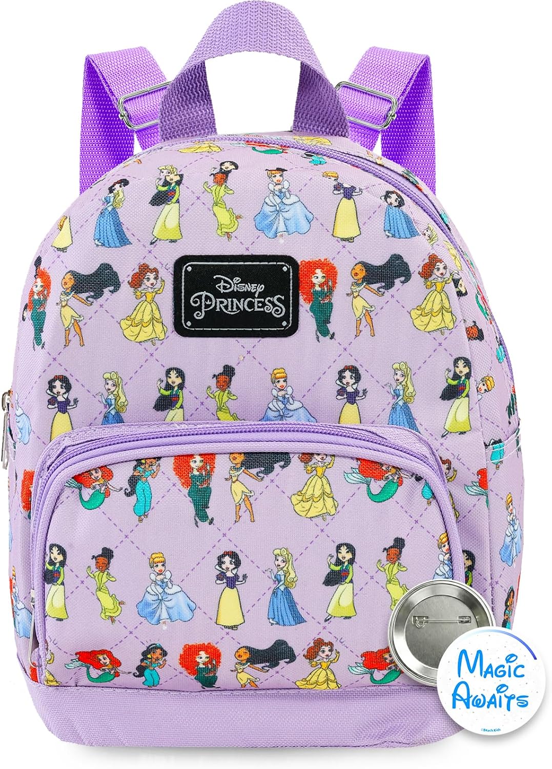Disney Princess Mini Backpack - 10" Iconic Woven Small Backpack with Front Pocket & Button Bundle | Adjusts to Fit Kids, Toddlers, Teens, Women, Girls