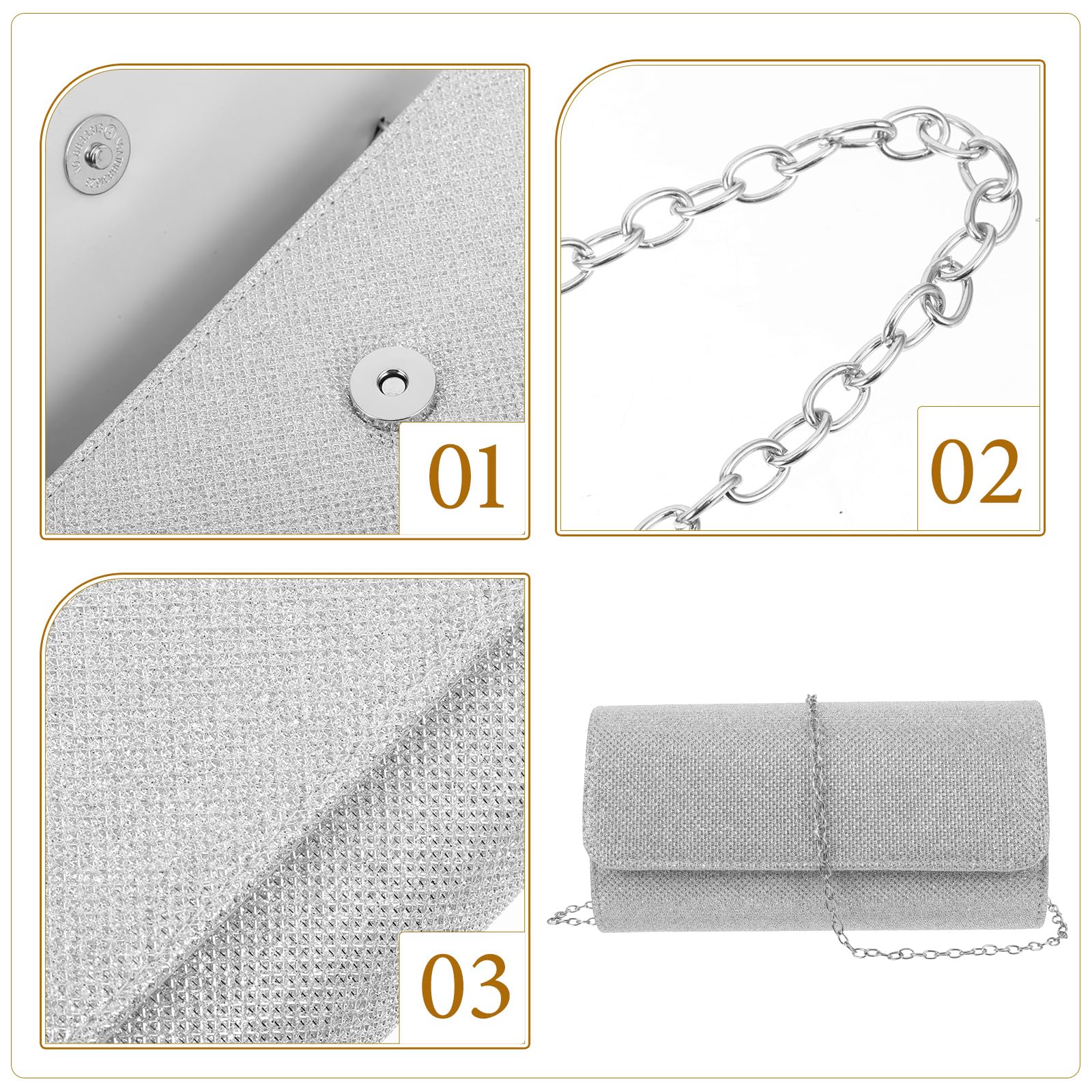 Bolso de noche para mujer, bolso de noche con cadena, para graduación, boda, fiesta, Silver, 20.00X10.50X5.50CM