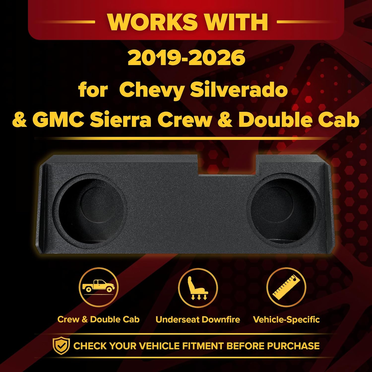 QPower Dual 10in Underseat Downfire Subwoofer Enclosure, QBomb Sub Box Compatible with Chevy Silverado Crew & Double Cab, GMC Sierra Crew & Double Cab 2019-2026