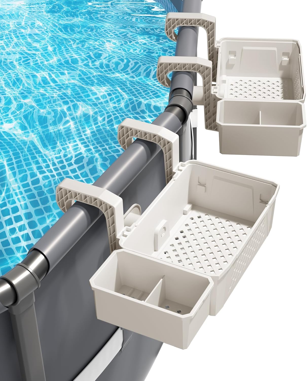 2 Sets of Poolside Storage Baskets with Cup Holders - Perfect for 3-Inch or Smaller Top Rails - Above Ground Pool Accessories - Fit for Most Above Ground Pool（Beige）