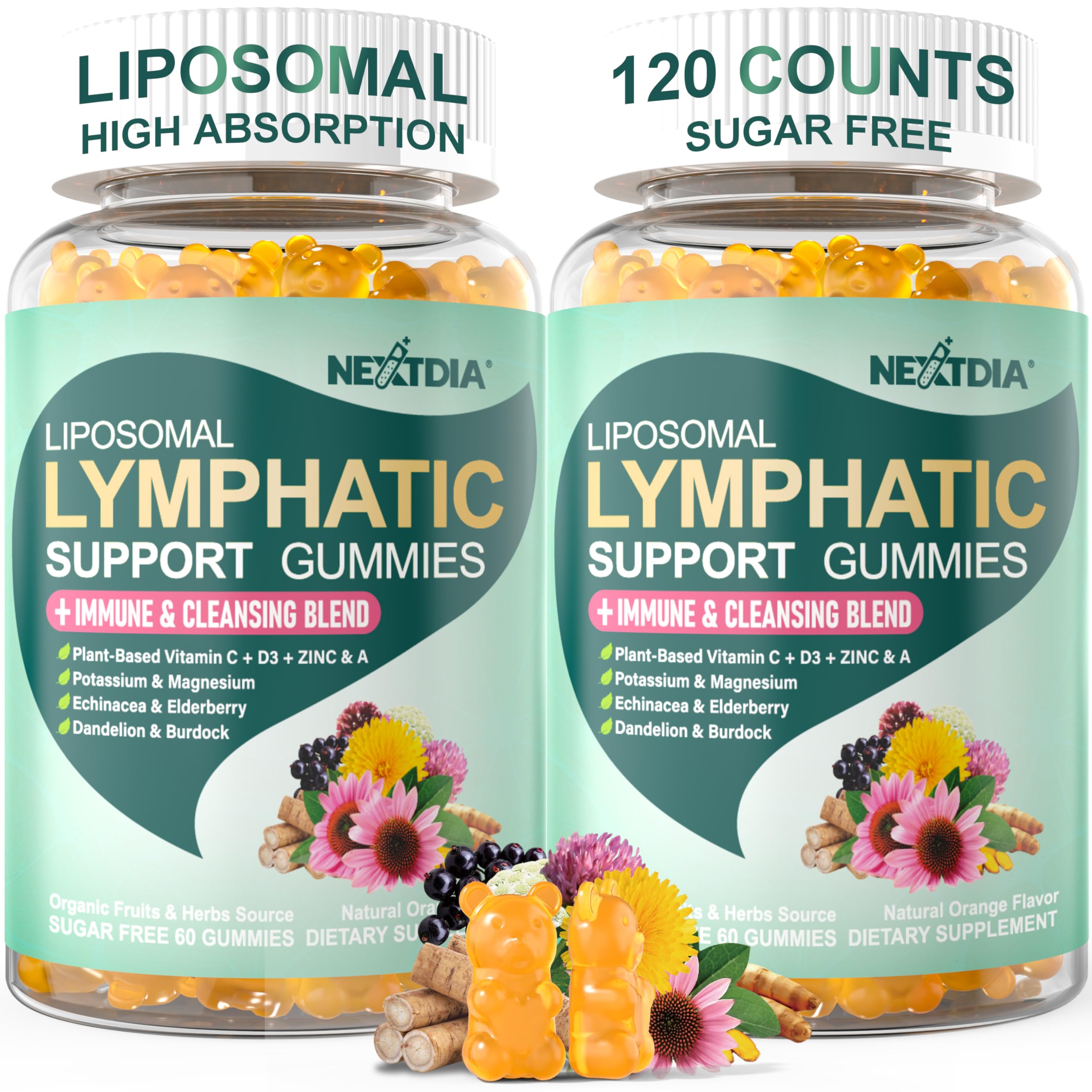 Liposomal Lymphatic Drainage Supplements Gummies, 16-IN-1 Lymph & Immune System Blend with Echinacea, Burdock Root, Dandelion, Cleavers, Vitamin A C D3 Zinc, Potassium Magnesium for Cleanse, 120cts 60 Count (Pack of 2)