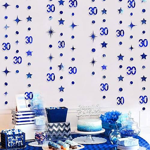 Miniatura 45 de Decoraciones de cumpleaños número 30 color azul aguamarina, guirnalda de estrellas con círculos y lunares metálicos para colgar en banderines, telón