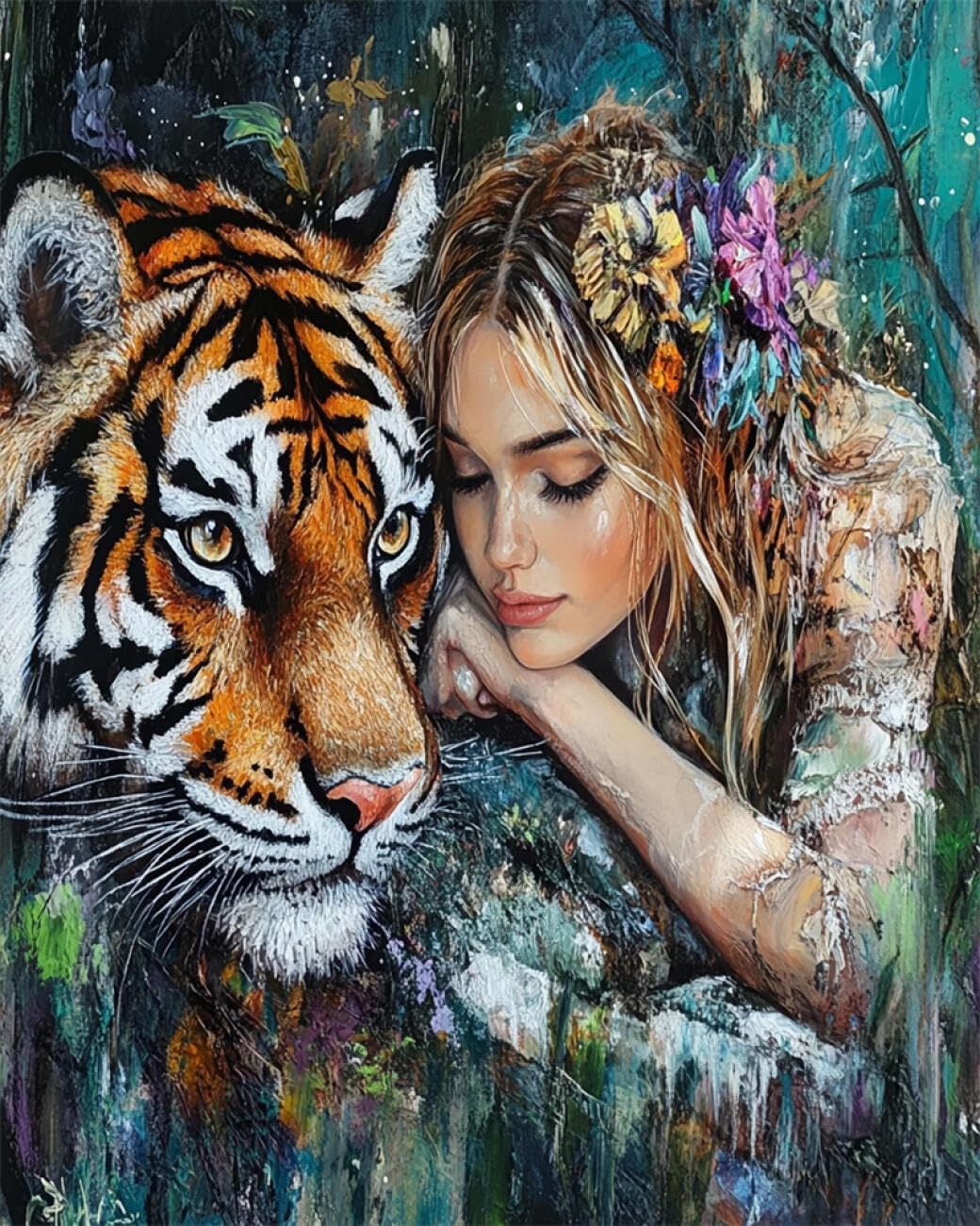 RKFLGEW Animal 14CT Stamped Cross Stitch Kits Graffiti Woman and Tiger Embroidery Kit for Beginners Adult DIY Cross Stitches Needlepoint Set Home Decoration 40x50cm