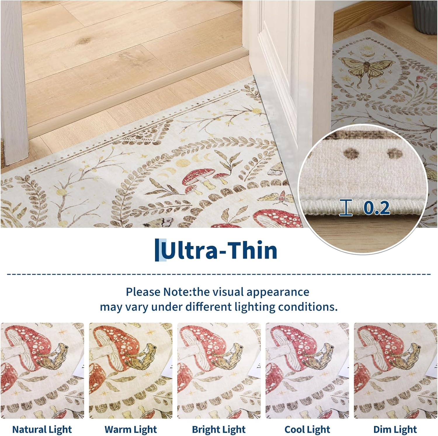 Garvee Mushroom 2x6 Runner Rug for Hallway, Dark Academia Gothic Rugs, Non Slip Washable Low Pile Kitchen Carpet with Rubber, Bug Entryway Rugs Stain Resistant for Bedroom Laundry Room, Beige