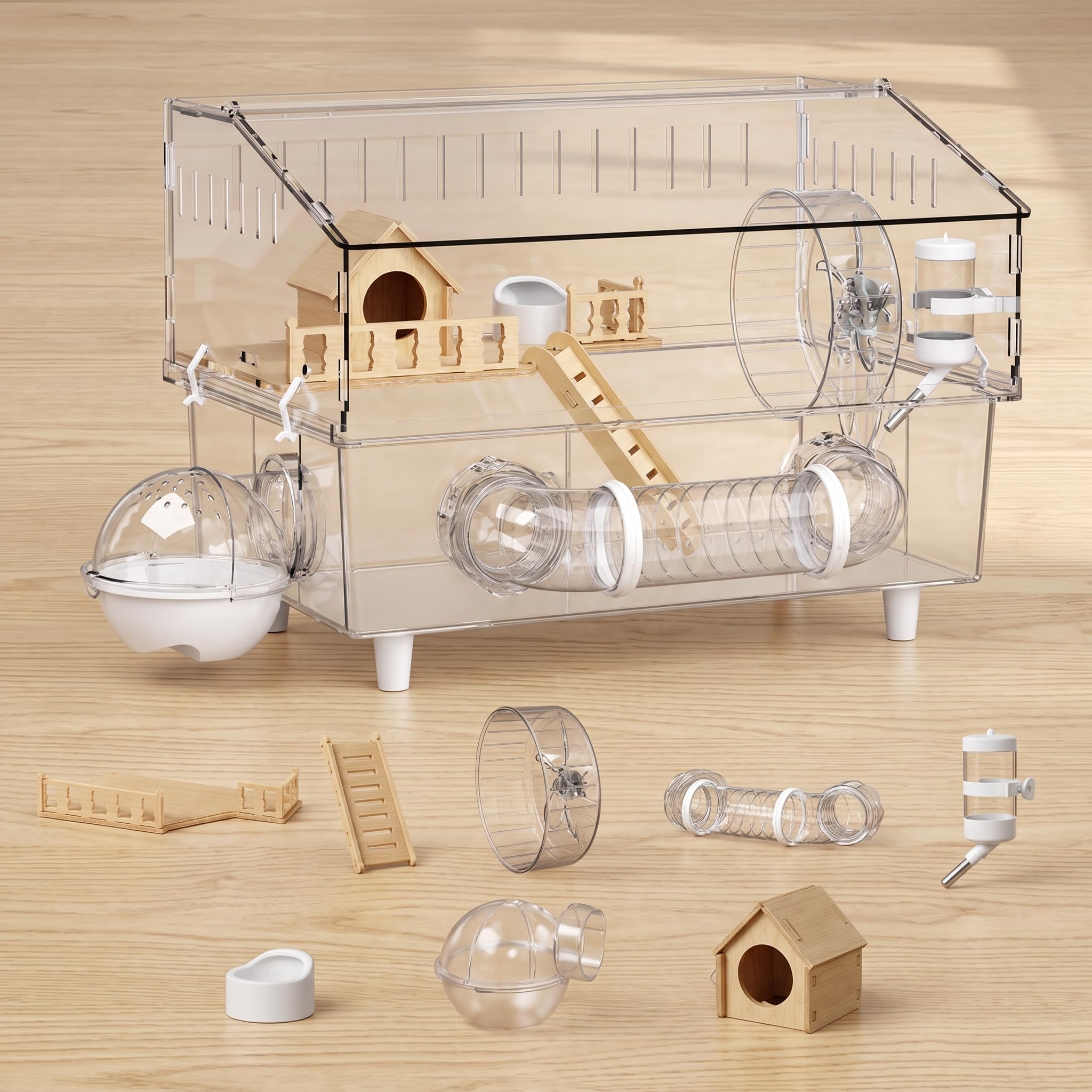 Jaula hámster Gran Transparente 2 Niveles, terrario hábitat con Tubos y casa para hámster, Jaula de Lujo de Villa elevada de 45 con túnel - Cabaña de Madera