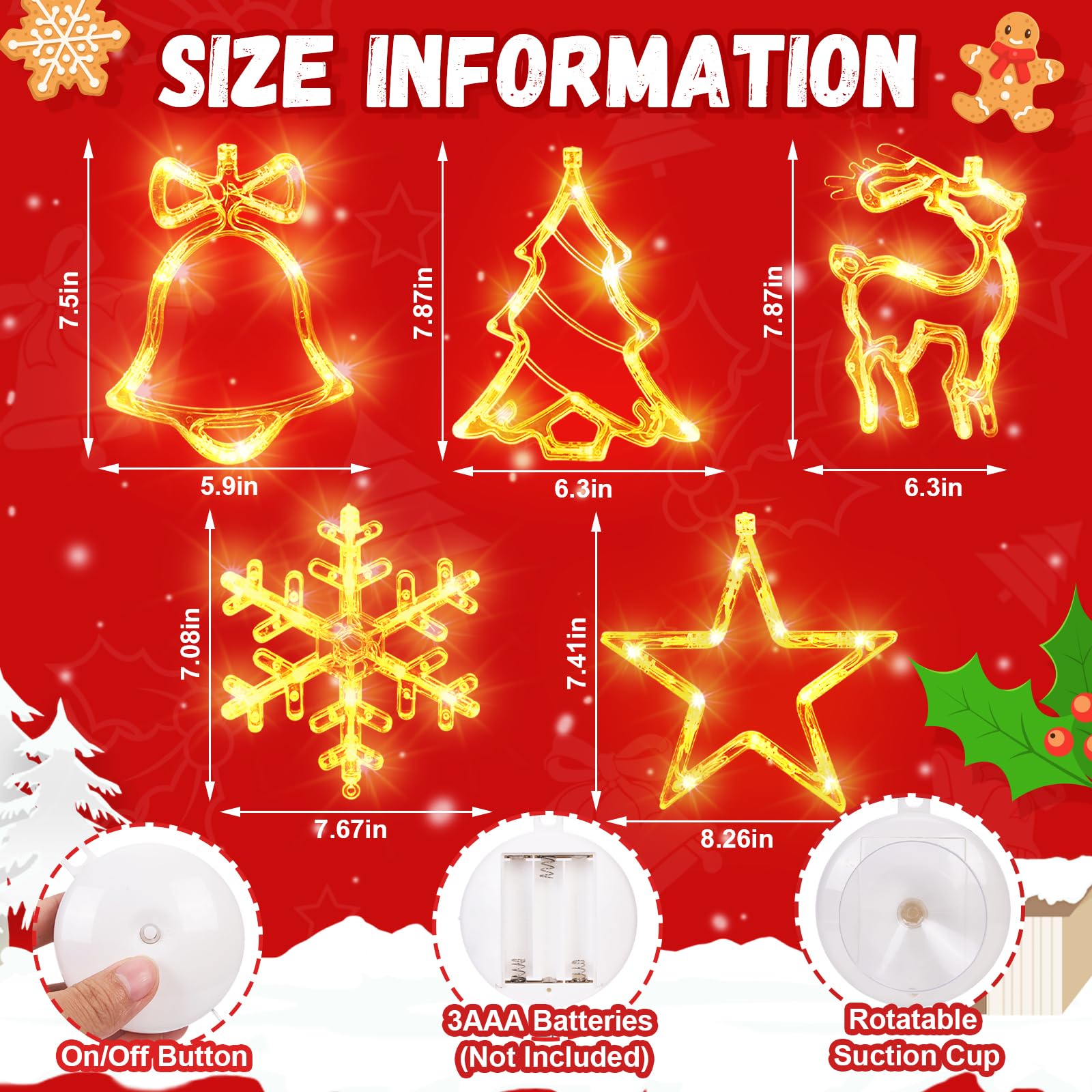 Weihnachts-Fensterlichter, Dekoration, beleuchtete Glocke, Baum, Rentier, Schneeflocke, Stern, batteriebetrieben mit Saugnapf, für Weihnachten, Fenster, Glas, Wand, Innendekoration, mehrfarbig