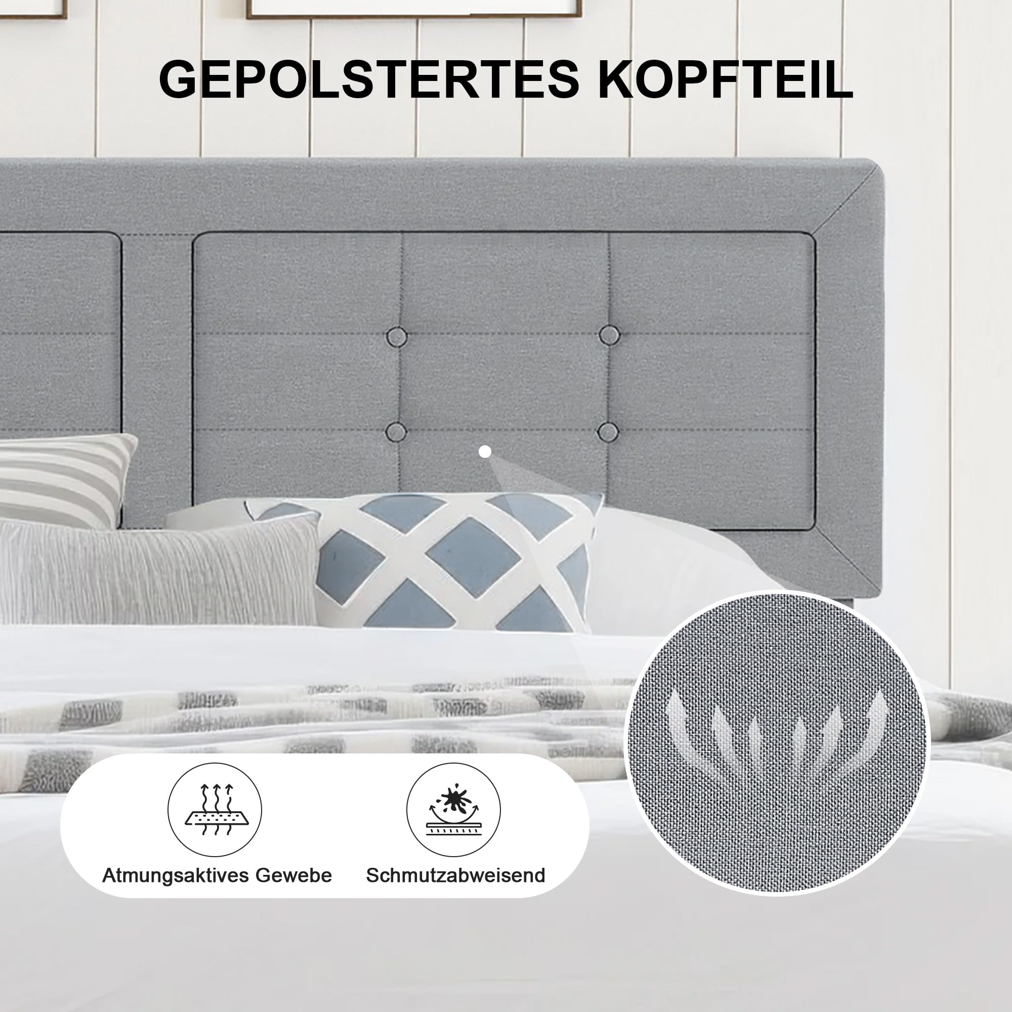 VECELO Polsterbett 140 x 200 cm, Doppelbett mit Höhenverstellbarem Kopfteil, Bett Bettrahmen mit Lattenrost, Gepolstertes Bettgestell Jugendbett für Schlafzimmer Gästezimmer, Hellgrau
