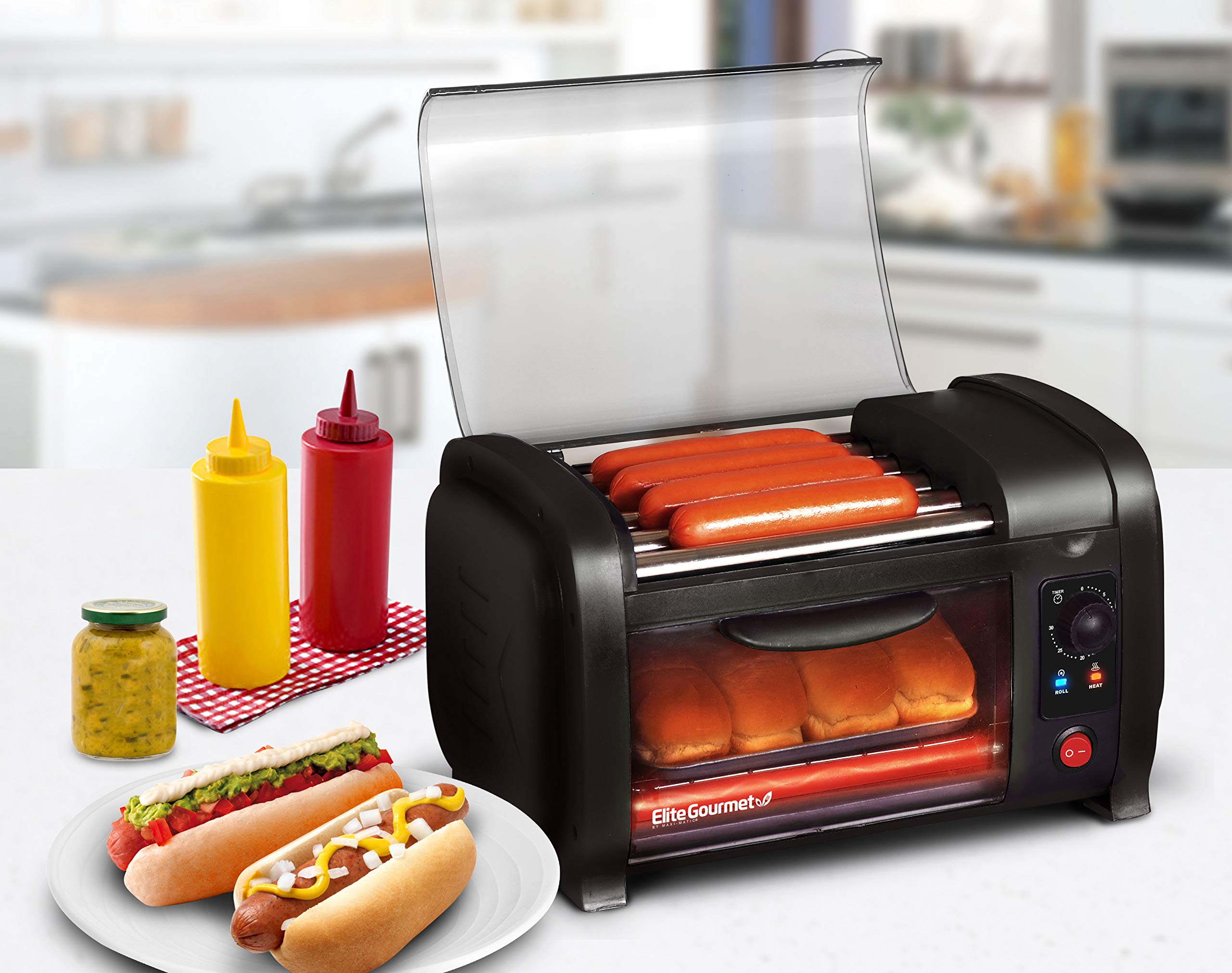 Elite Gourmet Cuisine EHD-051B Horno tostador para perritos calientes, temporizador 30 min, bandeja acero inoxidable, 4 panes, negro