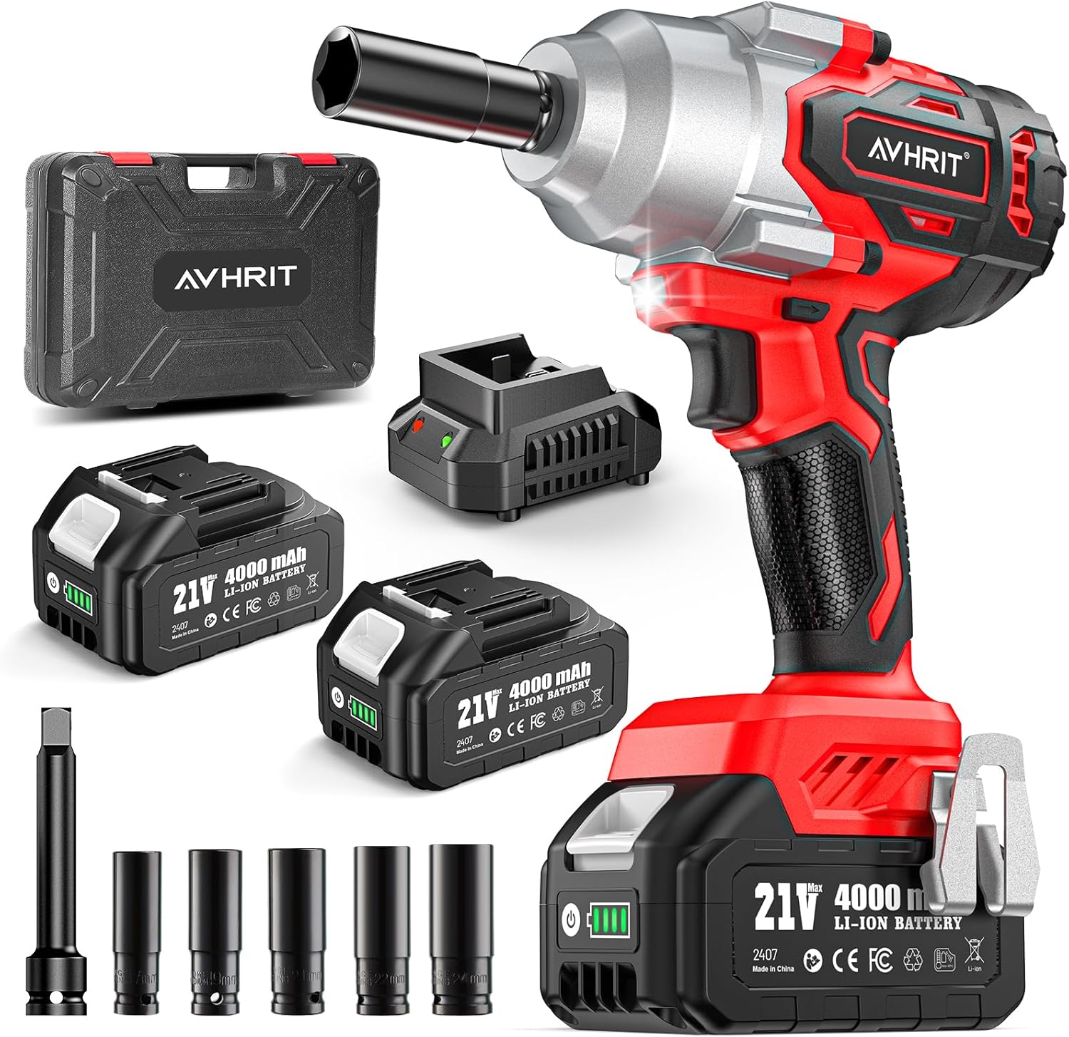 Product image of Avrhit Cordless Impact Wrench 1/2 Inch, 1300Nm / 960ft-lbs High Torque Impact Gun with 2x 4.0Ah Batteries, 5 Sockets Electric Impact Driver for Car/Truck RV/Mower