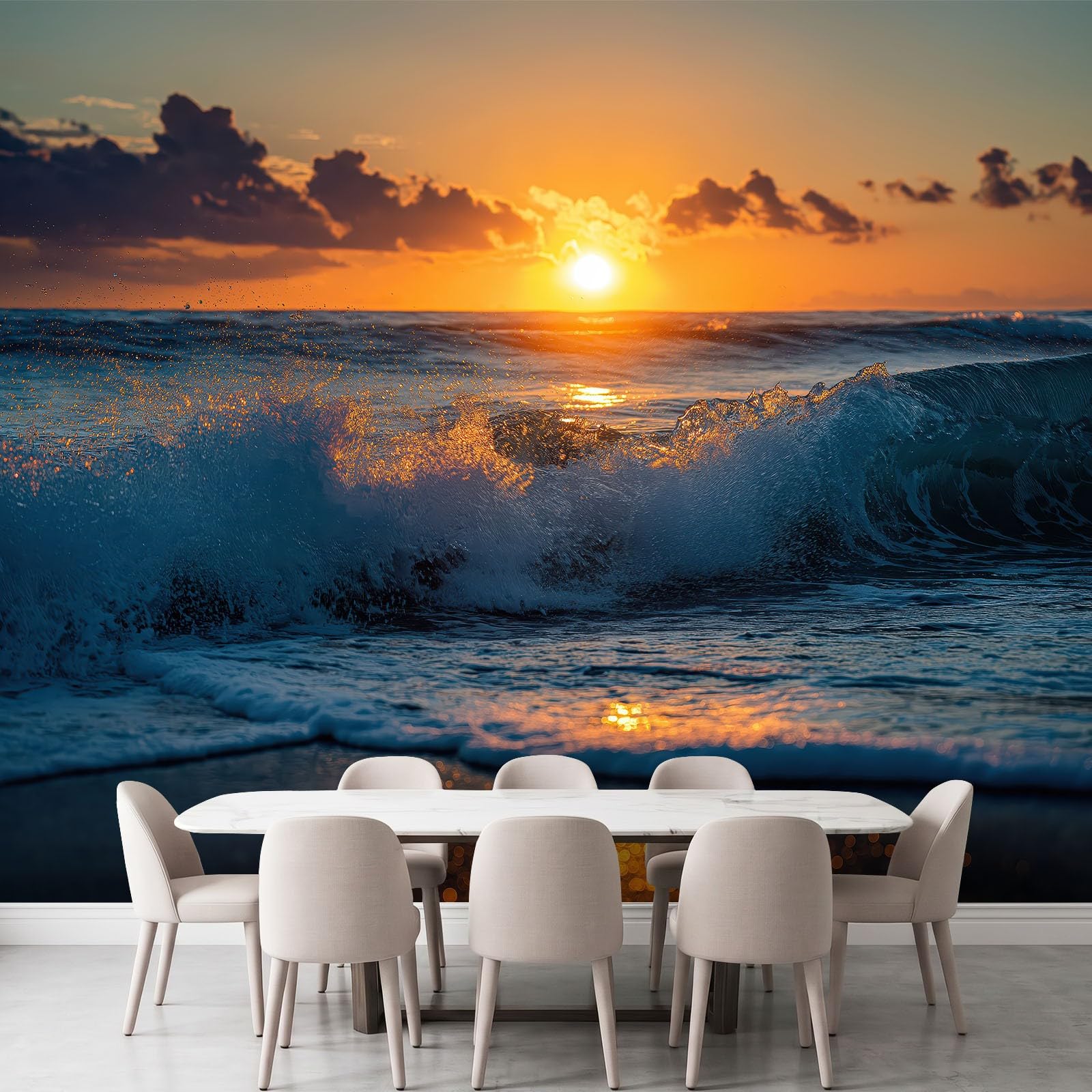 Przybrzeżna natura efekt 3D fototapeta 350 szer. x 256 cm wys. cm, fala oceaniczna zachód słońca chmura wysokiej jakości włóknina mural tapeta do salonu pokoju zabaw sypialni pokoju dziecięcego cecha