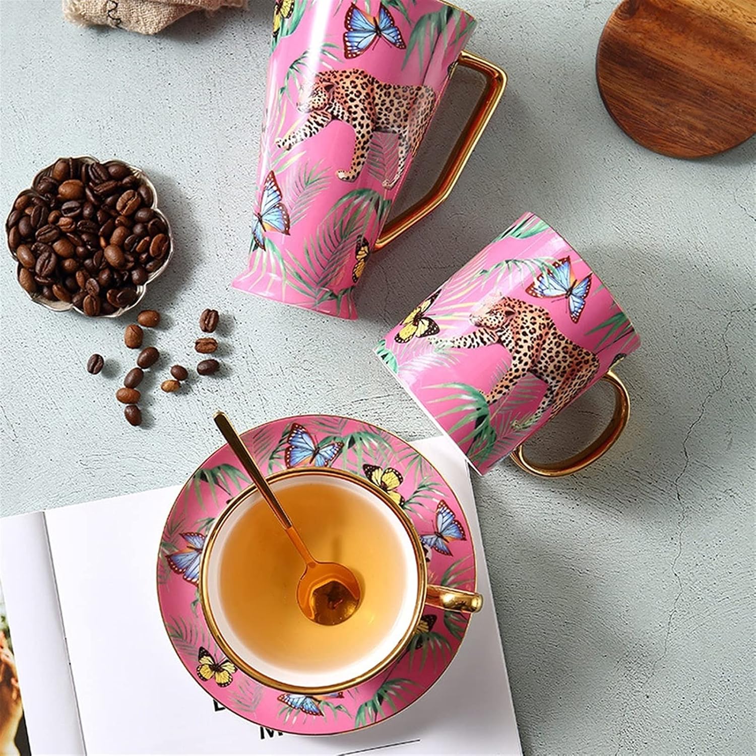 Simple Porcelain Leopard Coffee Mug and Saucer Set, 6.76oz/200ml Cute Unbreakable Espresso Cups Cappuccino Warmer Mugs with Handle Smoothie Cups Teacups Breakfast Pineapple Tea Cup Party Cups Dec