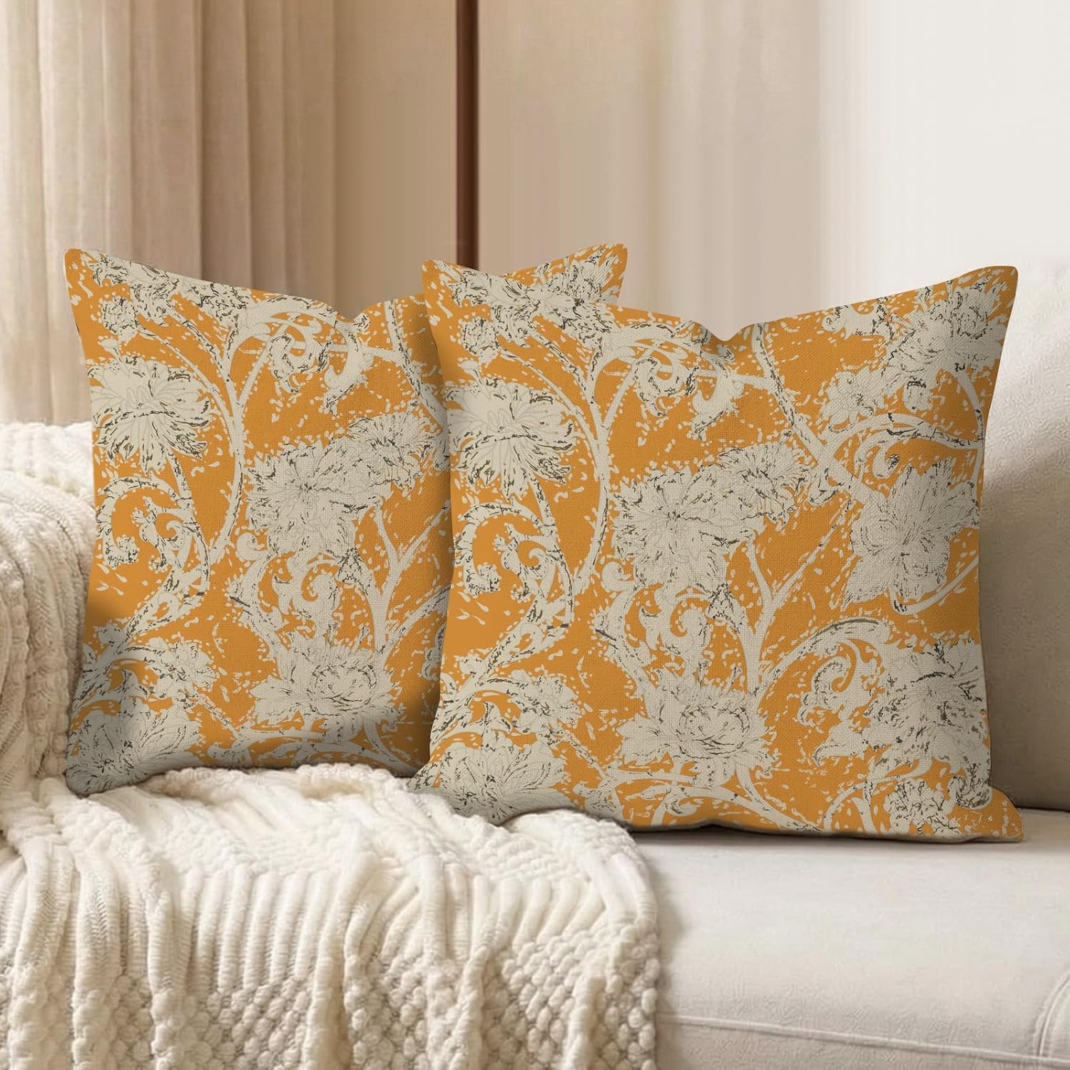 Set of 2 Peony Pillow Covers 18x18 Inch Vintage Lily Floral Decor Throw Pillows Cases Orange Linen Decoration Cushion Covers for Farmhouse Home Sofa Couch Bed Chair Living Room image 2