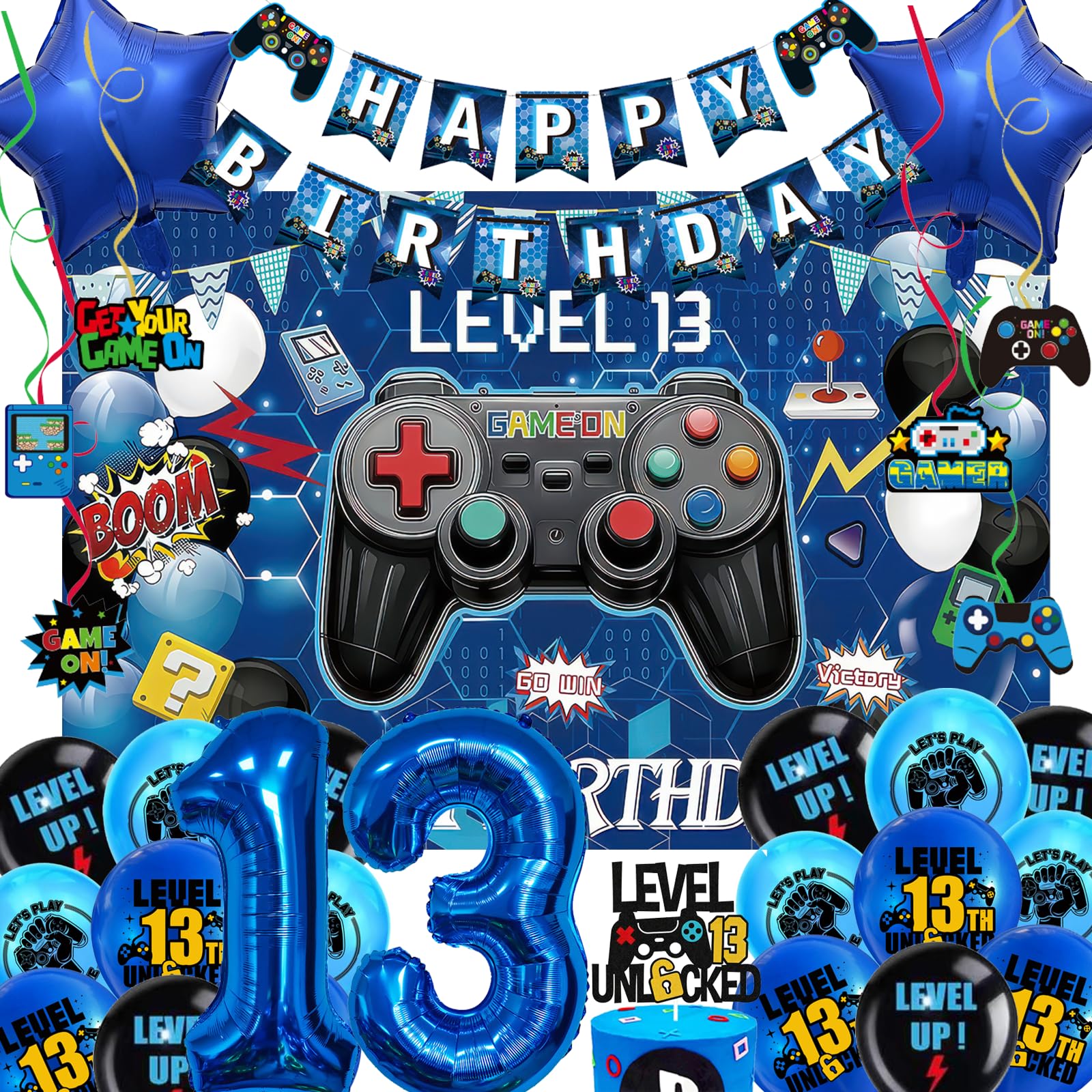 Game Theme 13th Birthday Party Decorations - 31pcs Blue Gamer Party Supplies with Latex Balloons, 32inch Number 13 Foil Balloon, 110x150cm Backdrop, Hanging Swirls for Official Teenager Boy & Girls — image 1