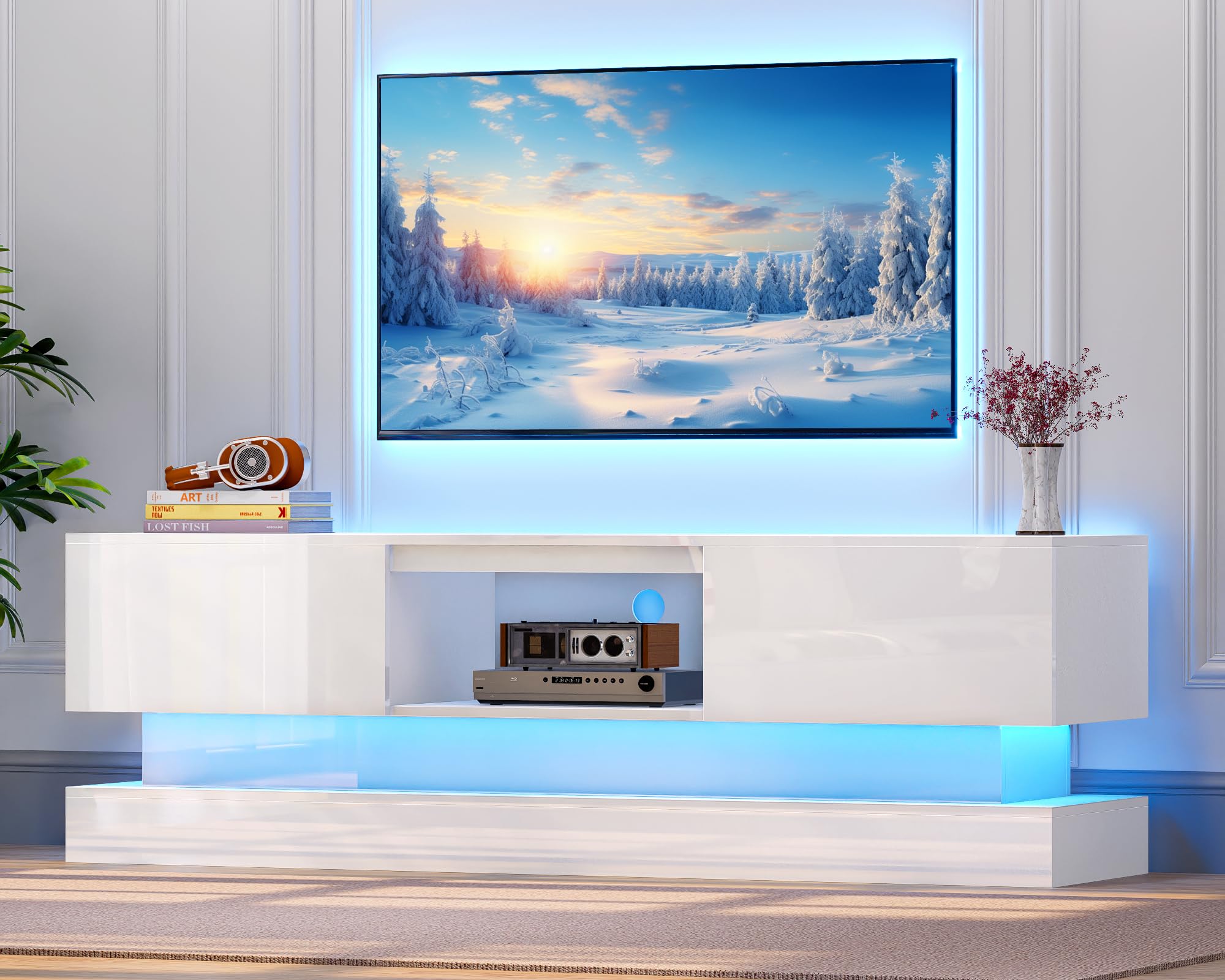 Tantmis 63 inch White Modern High Gloss LED TV Stand with Side Panels for 50 55 60 65 70 75 inch TV, Gaming Entertainment Center with Storage for PS5,