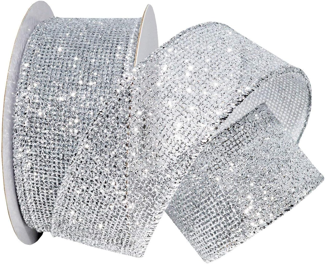 Morex Blaze Shiny Glitter Ribbon, Wired Polyester, 1.5 inch by 10 Yards, Silver