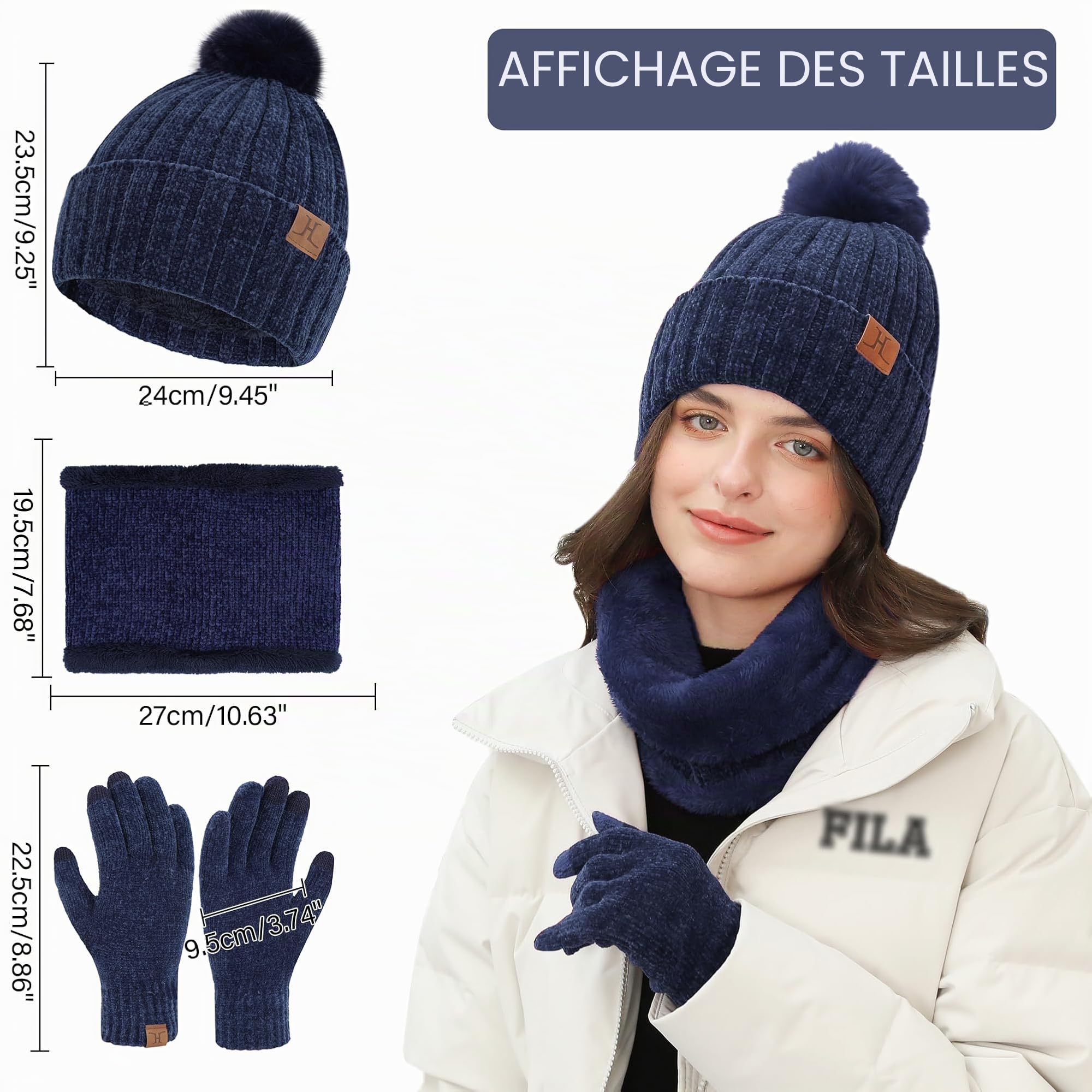 ZASFOU Femme Bonnet d’Hiver Chapeaux Foulard Écran Tactile Gants Set doublé Chenille Tricot Bonnets Cache Cou Polaire doublé