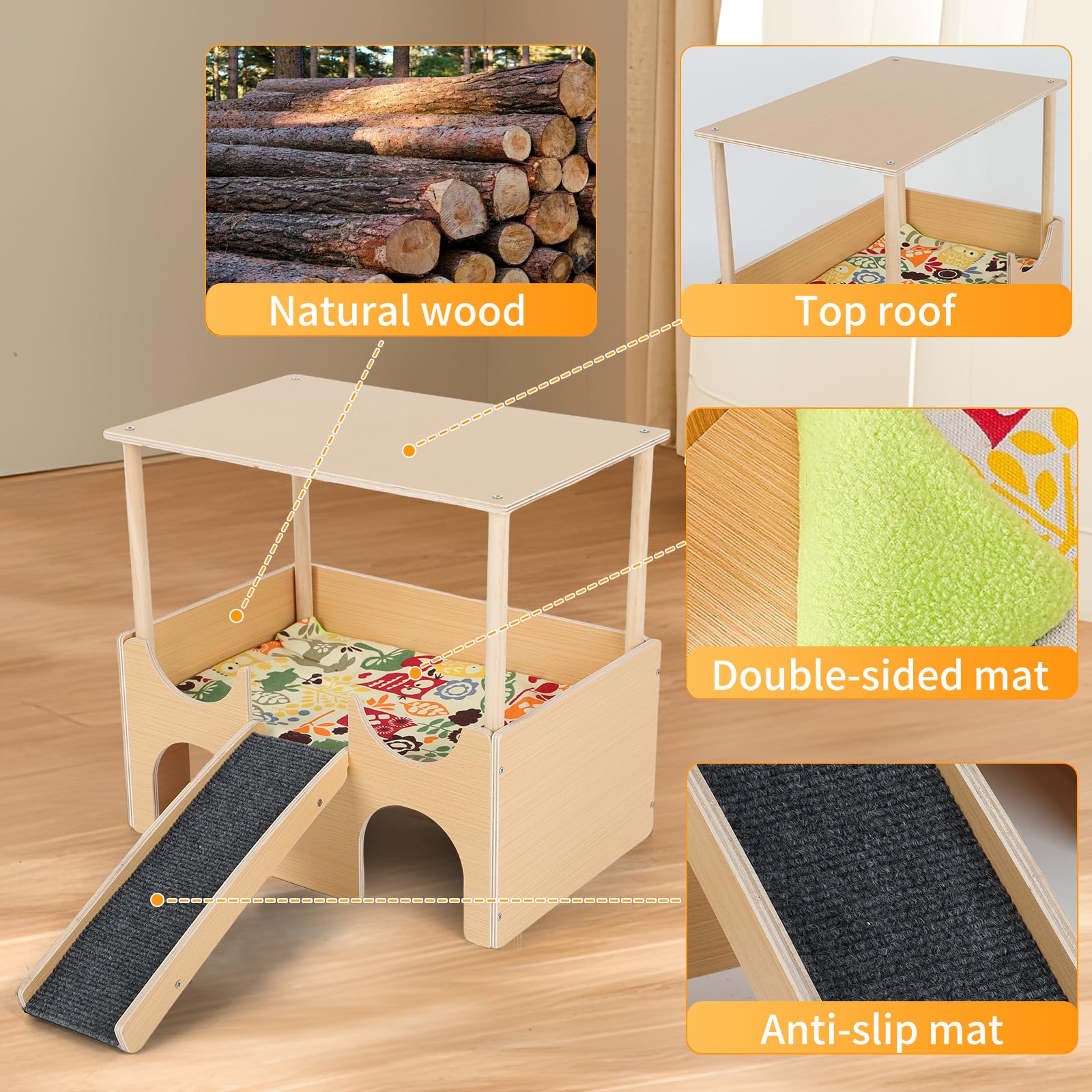 Wooden Guinea Pig House, Hideout Hut with 4 Caves and Stairs, Detachable Guinea Pig Castle with Ramp&Anti-slip Mat & Cushion - Image 3