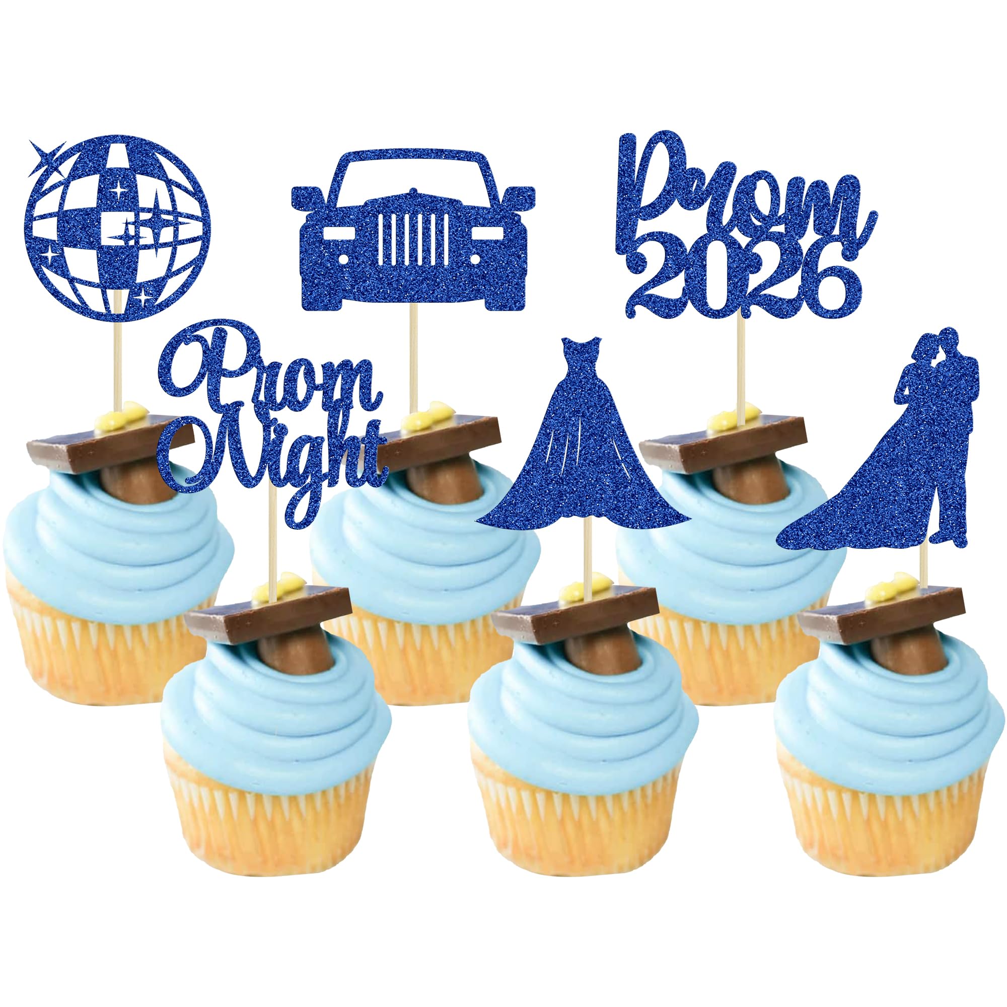 Ephlyn 24Pcs Prom Cupcake Toppers Glitter 2026 Graduation Cake Toppers 2026 Prom Cake Decorations for Class of 2026 Prom Graduation Party Decorations Supplies Blue — image 1