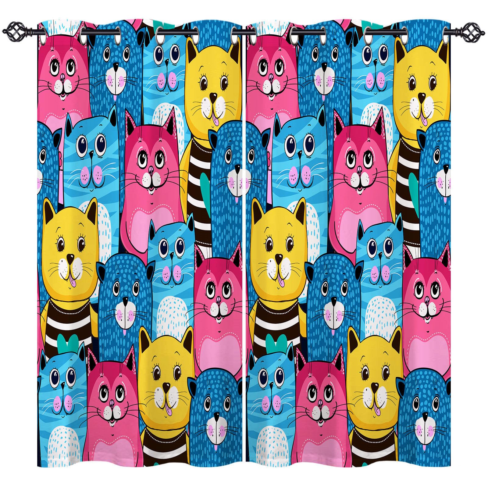 ANHOPE Cat Curtains Eyelet 80% Blackout Room Darkening Curtains Colorful Cartoon Animal Cats Print Pattern Thermal Window Drapes for Kids Boys Girls Bedroom Living Room 42 x 63 Inch Drop 2 Panels — image 1