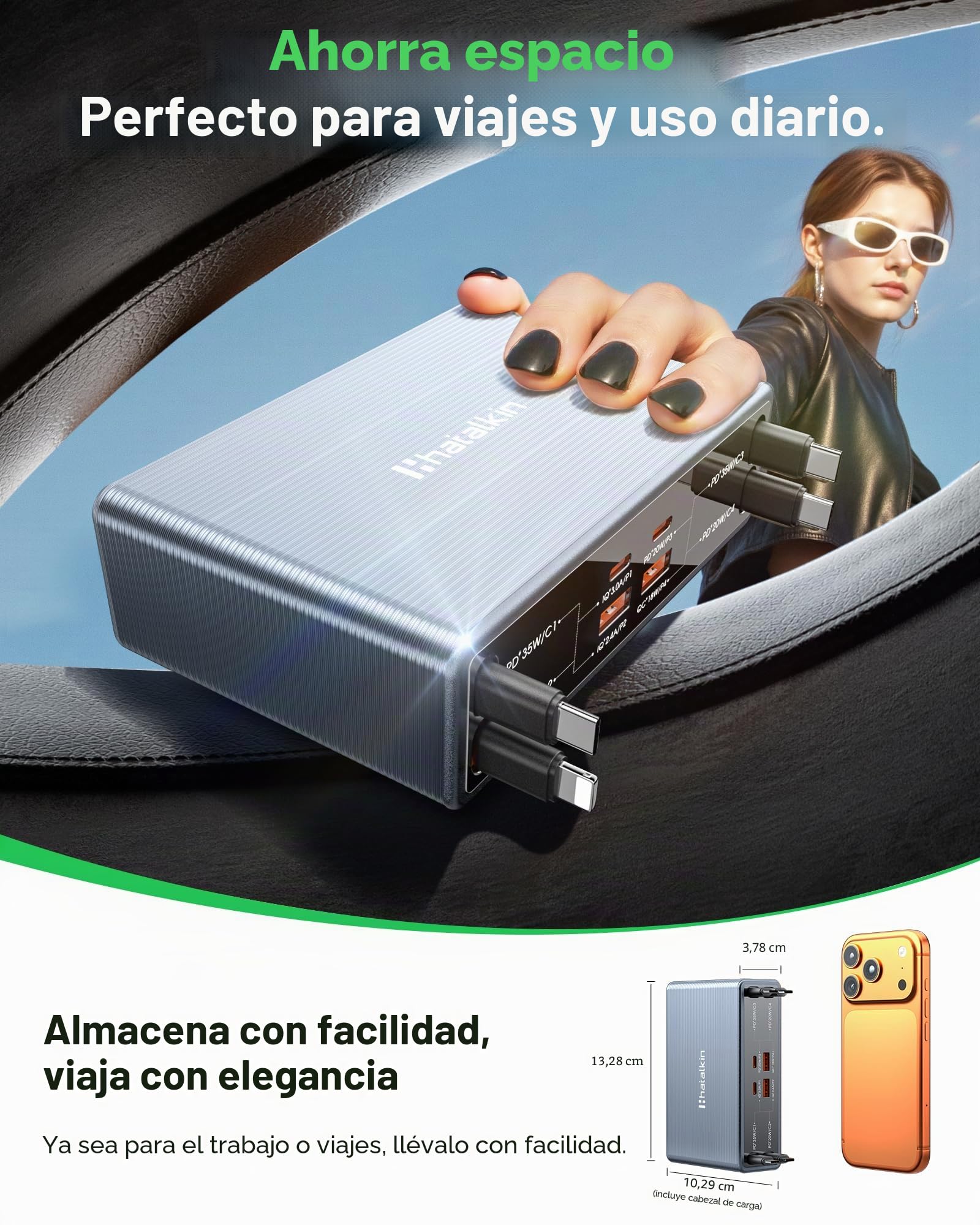 HATALKIN 105W Cargador USB C Carga Rapida con Cable Retráctil, Estación de Carga GAN con 8 Puertos, Cargador USB Multiple Compatible con MacBook, iPad, Galaxy S26/25 Series, iPhone 17/16/15 Series