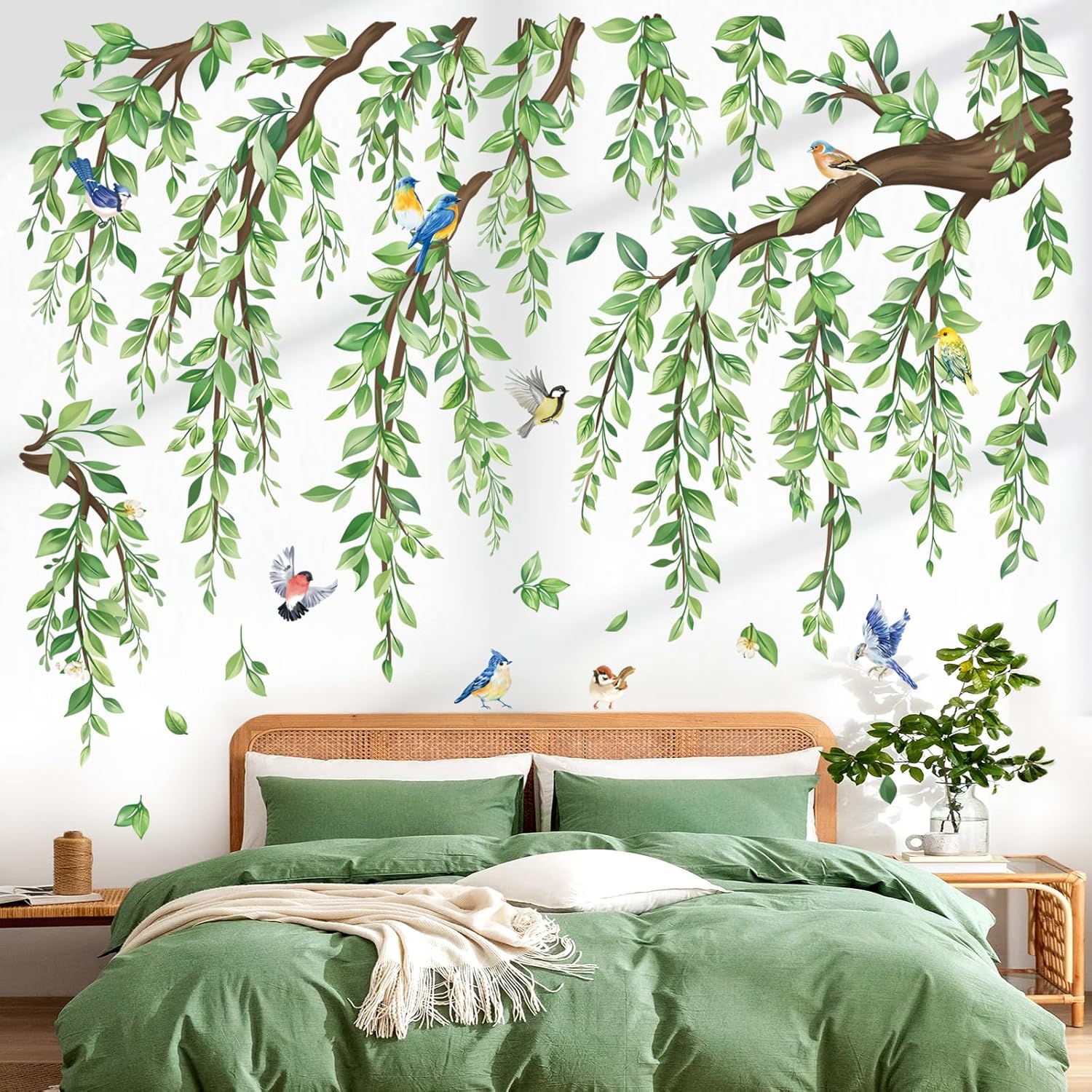 wondever Large Green Tree Branch Wall Stickers Hanging Vine Leaf Peel and Stick Wall Art Decals for Living Room Bedroom Sofa Background