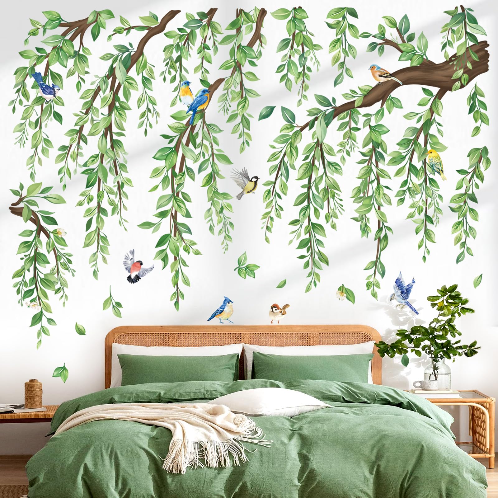wondever Large Green Tree Branch Wall Stickers Hanging Vine Leaf Peel and Stick Wall Art Decals for Living Room Bedroom Sofa Background
