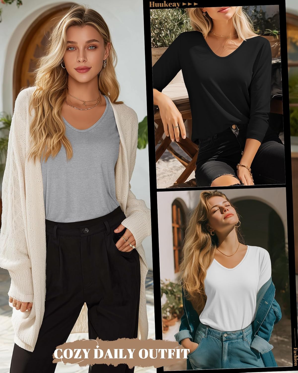 Huukeay 3 Pack Women's 3/4 Sleeve T-Shirts, V Neck Casual Tops Loose Fit Tunic Basic Tees 3/4 Length Sleeve Soft Blouses - Image 2