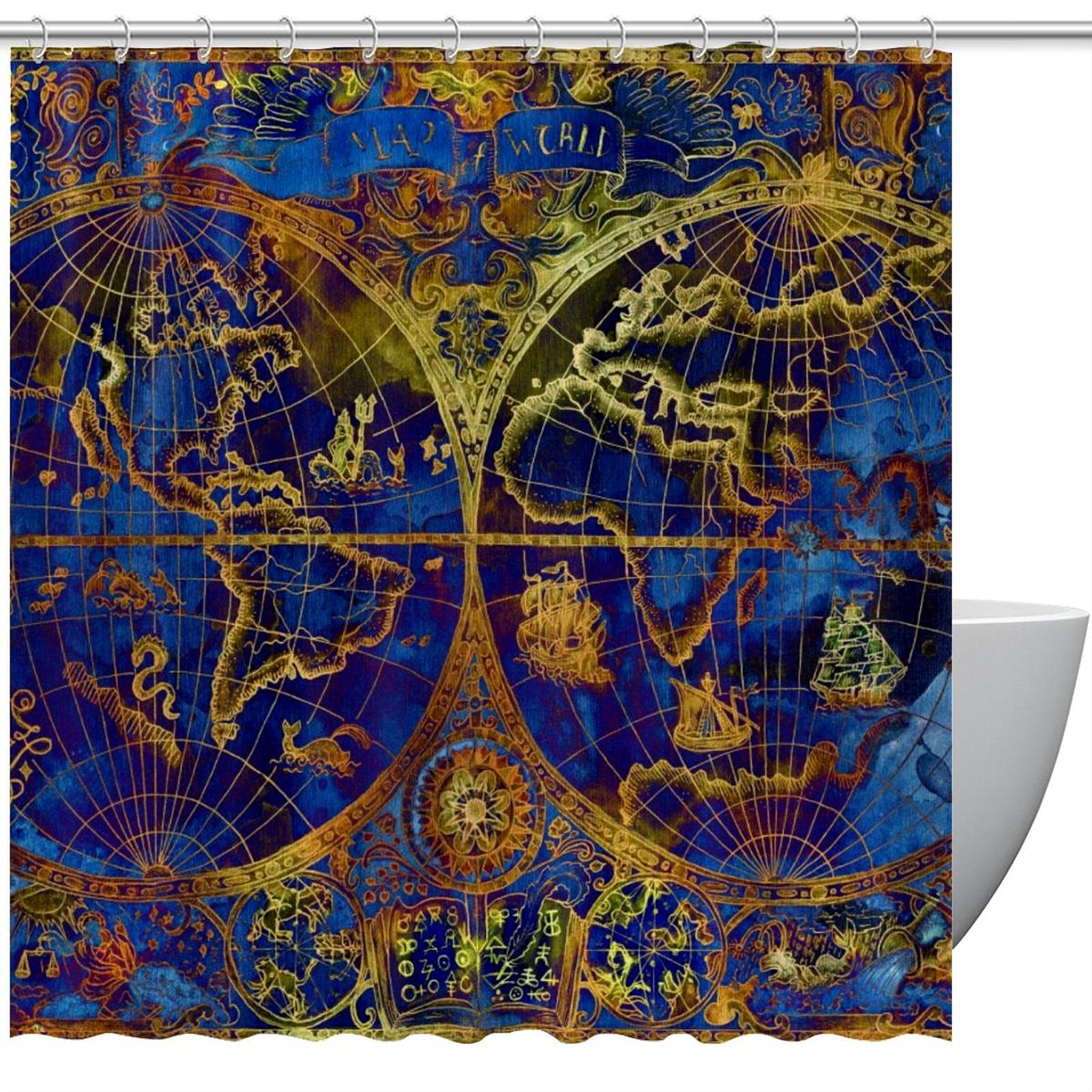 Rideau de douche vintage imperméable carte du monde contre sol mouillé 183cm