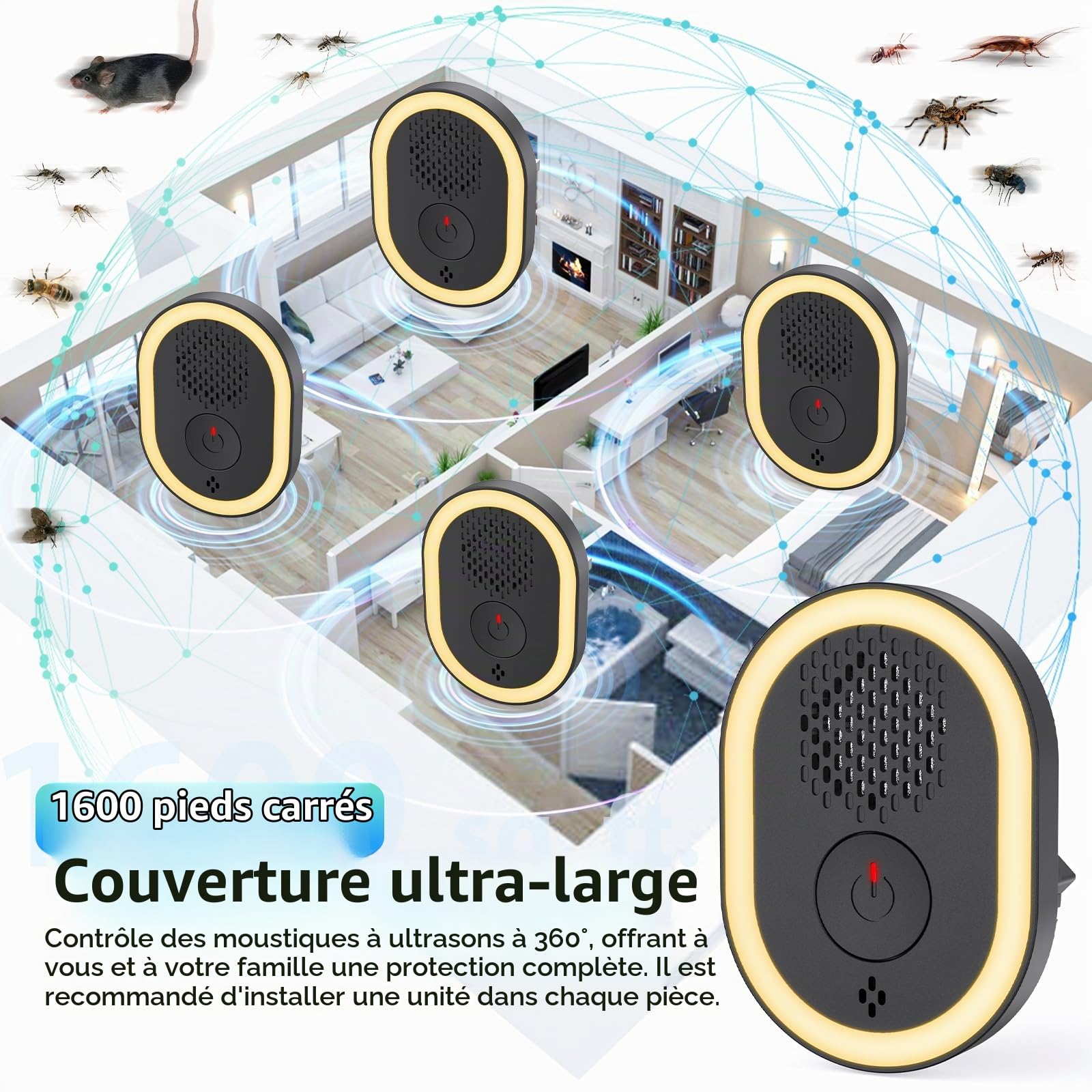 Répulsif Ultrason Moustique - Ultrason Souris - Anti Moustique Ultrason, Répulsif à ultrasons insectifuge électronique et Anti-rongeurs pour Rongeurs,Souris,Moustique,Araignée,Cafard,Mouche, Lot De 6
