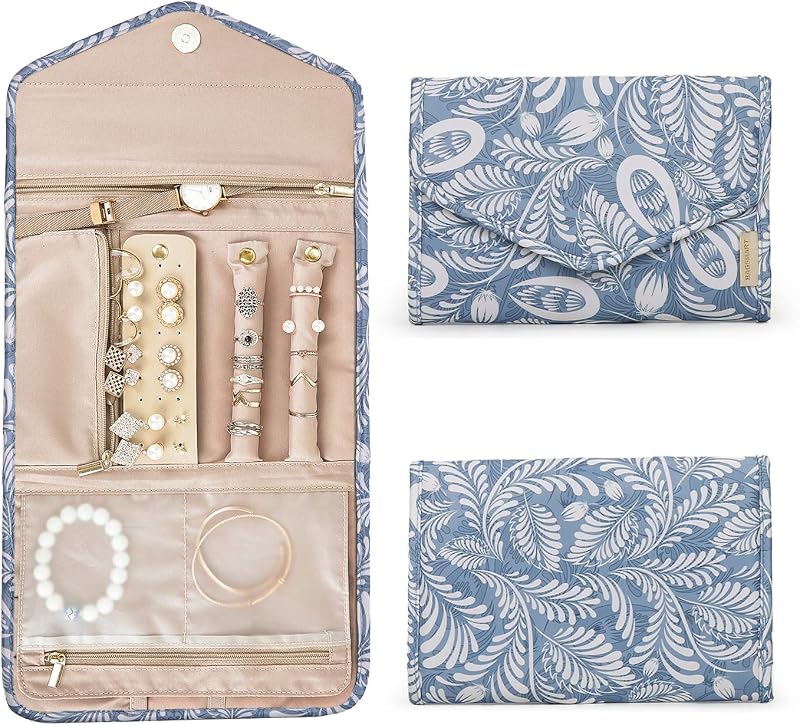 BAGSMART Organizador de joyas de viaje, estuche plegable para joyas, hoja blanca | Joyero de viaje para anillos de viaje, organizador de collares sin enredos, pulseras, pendientes, plegable
