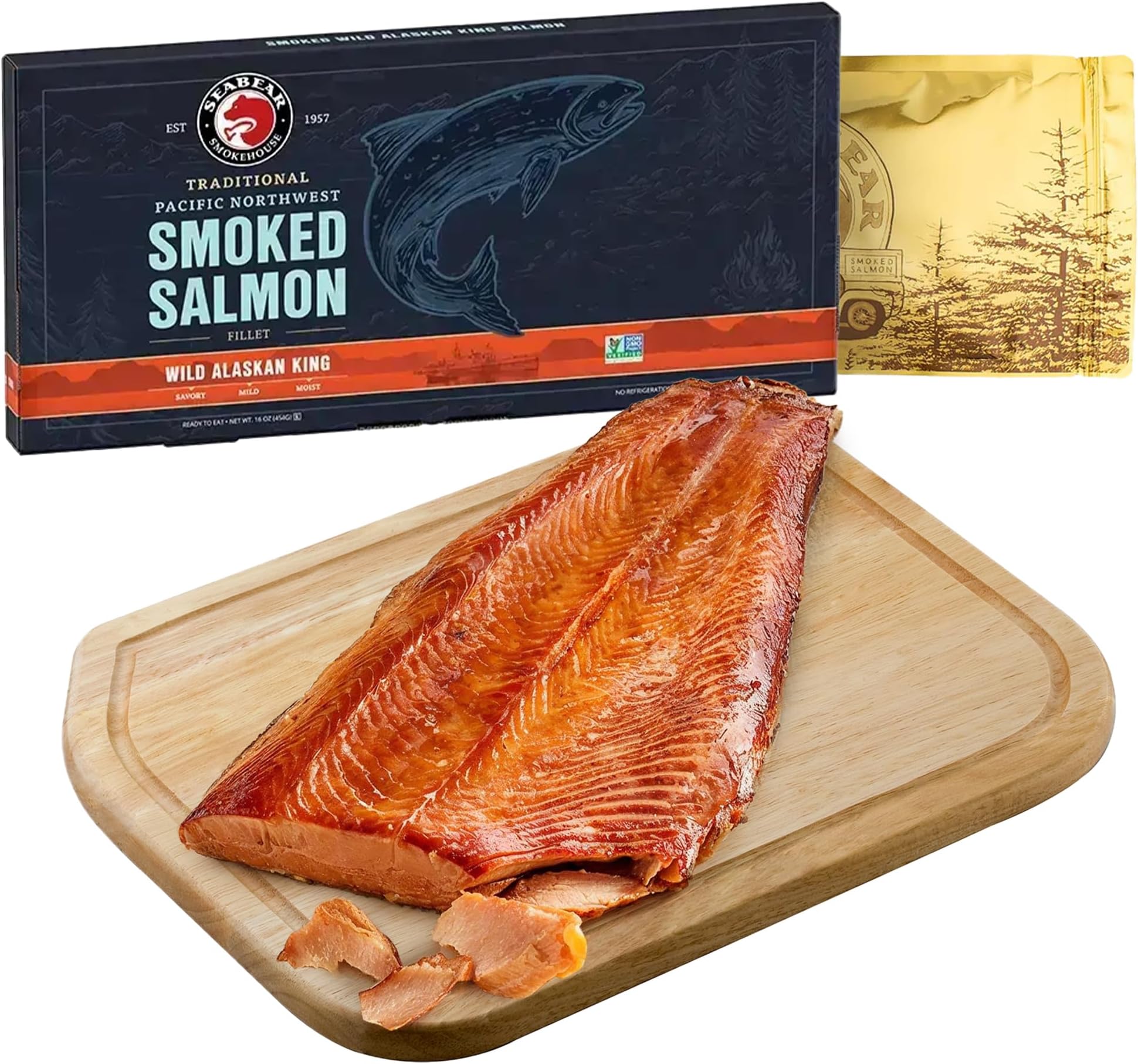 SeaBear Smoked Wild King Salmon 1 Pound Fillet Gift Box - Wild Alaska King Salmon Fillet, Shelf Stable, Ready to Eat, Smoked Salmon Gift, 1lb Filet