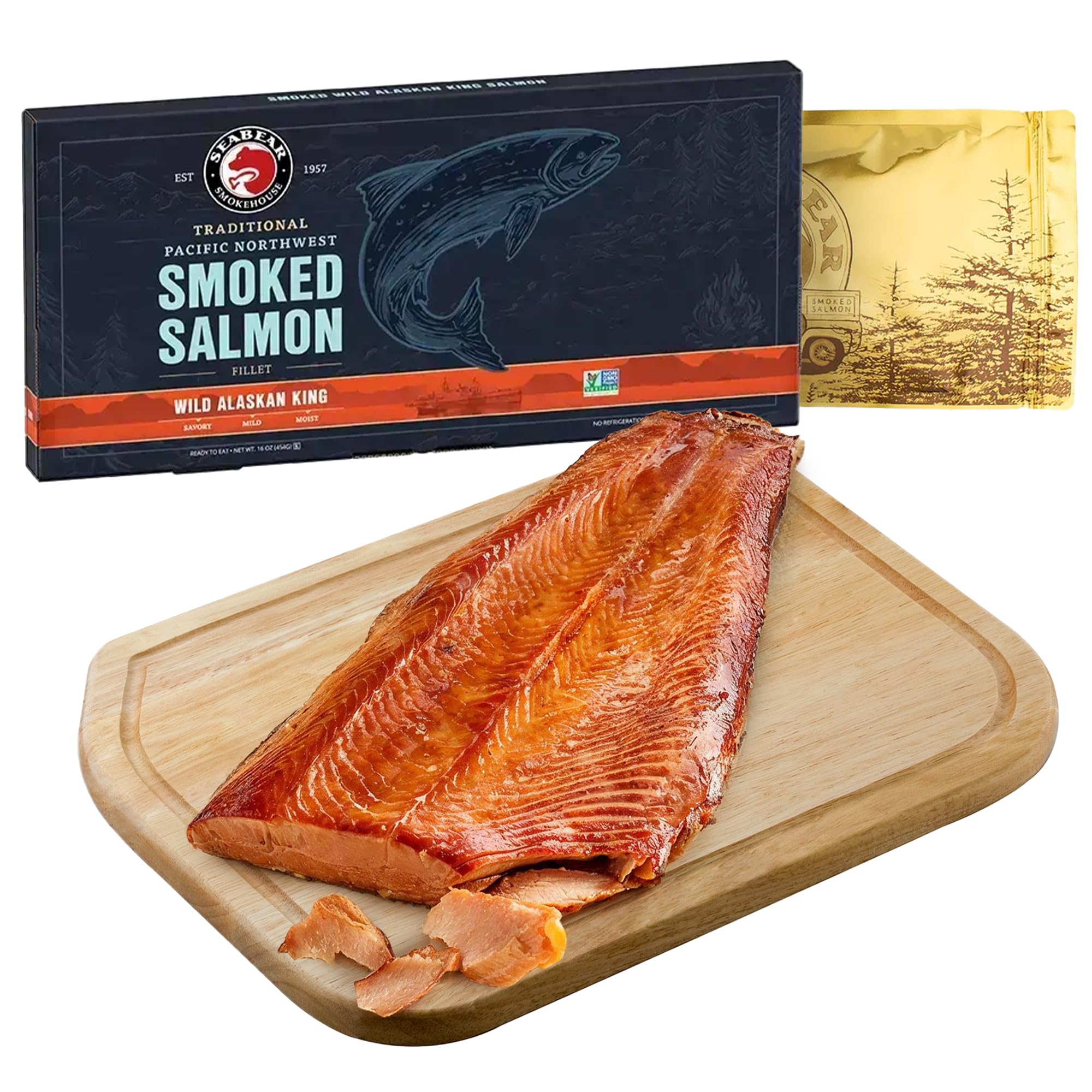 SeaBear Smoked Wild King Salmon 1 Pound Fillet Gift Box - Wild Alaska King Salmon Fillet, Shelf Stable, Ready to Eat, Smoked Salmon Gift, 1lb Filet