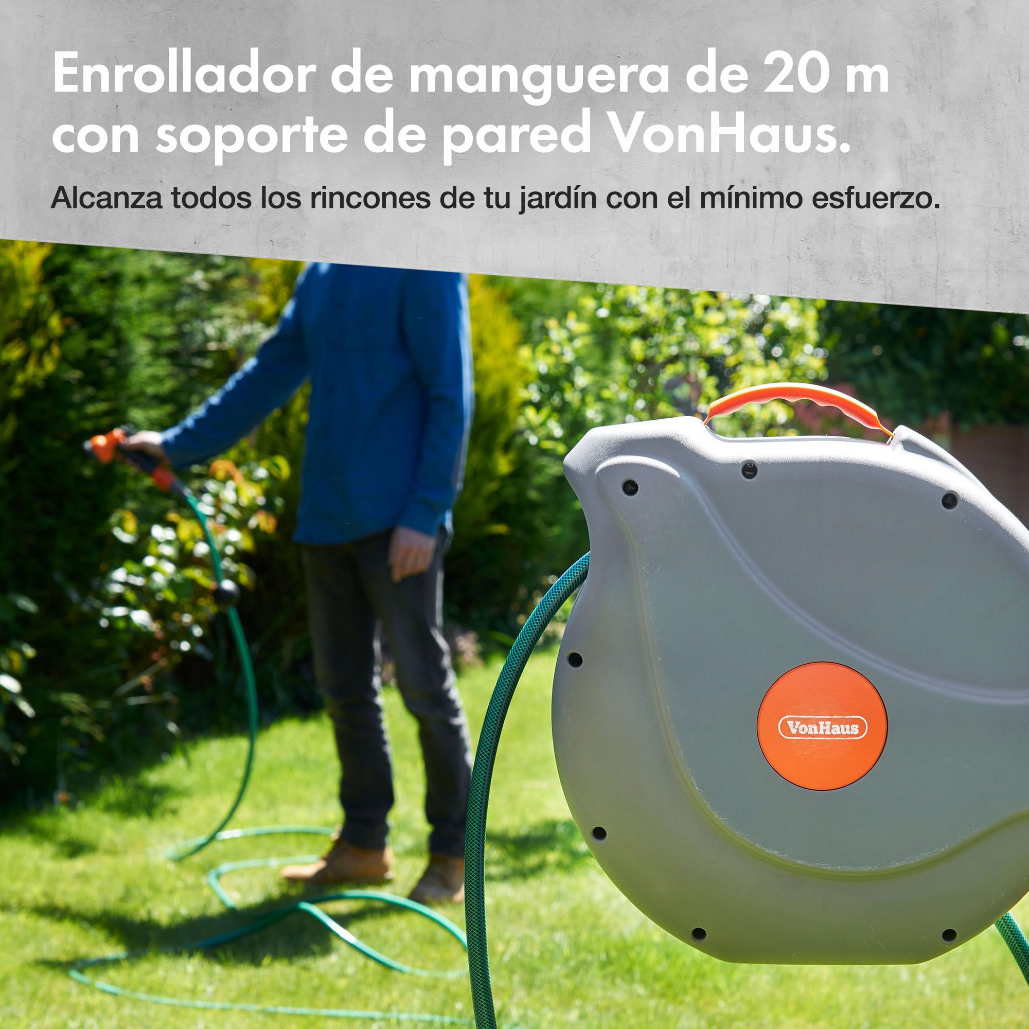 VonHaus Enrollador de Manguera de 20 m: Enrollador de Manguera de pared para Jardín, Retráctil, con Bloqueo Automático, incluye Accesorios de Montaje y pistola rociadora con 8 funciones