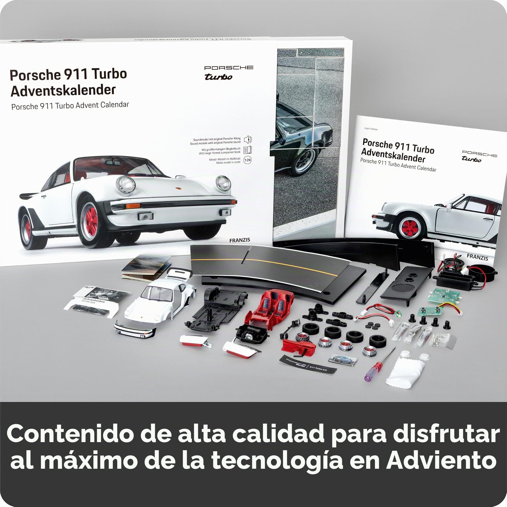 FRANZIS Calendario de Adviento Porsche 911 Turbo 67322 a escala 1:24, incluye base de sonido y libro de 52 páginas