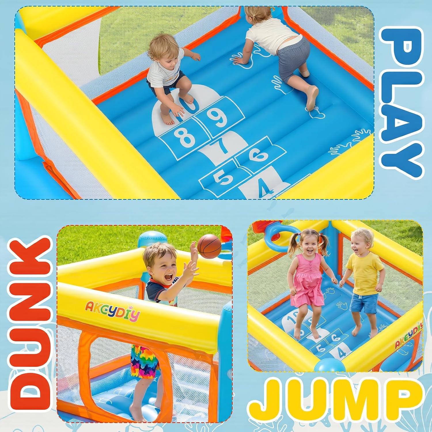 AKEYDIY Bounce House for Kids 3-6, Toddler Inflatable Bouncy Castle with Basketball Hoop & Pump, Indoor Outdoor Inflatable Bounce House