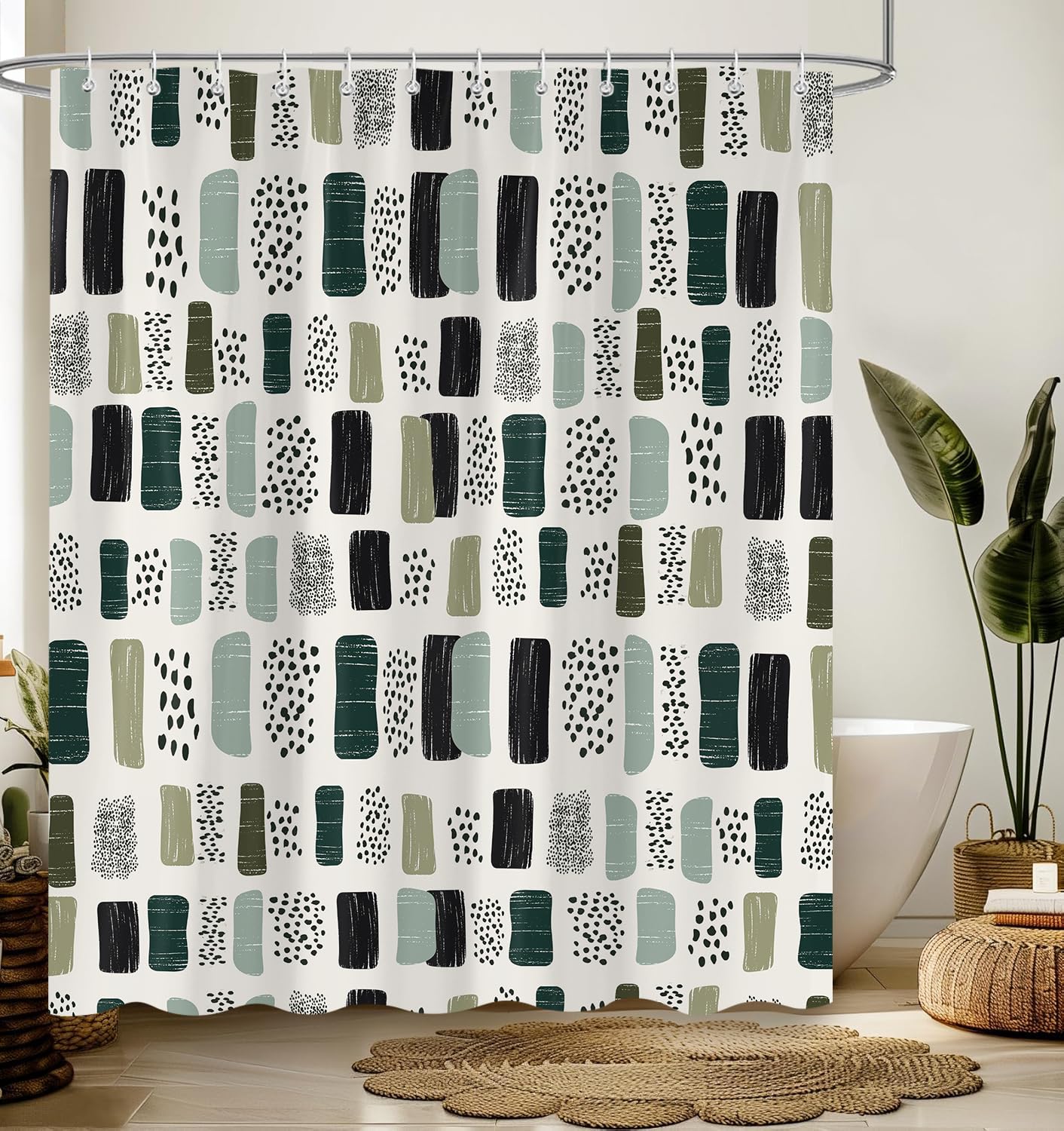 Emwnodti Boho Abstract Shower Curtain，Sage Green Bohemian Geometric Minimalism Bathroom Accessory Set，Polyester Fabric Waterproof Bath Curtain with 12