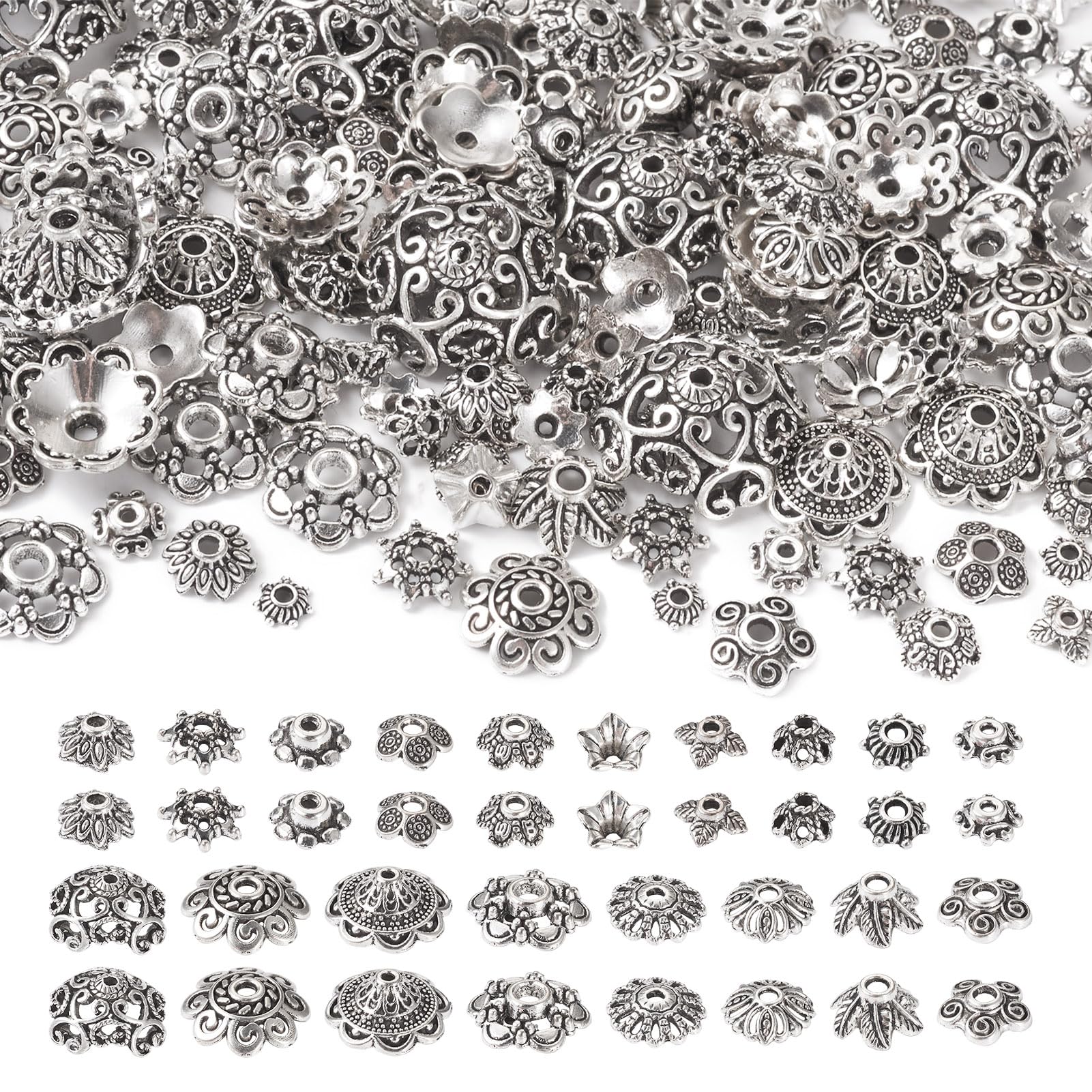 Cheriswelry 180Pcs 18 Style Tibetan Style Alloy Bead Caps Flower Bead Antique Silver Filigree Flower Bead End Cap for Jewellery Making DIY Craft Supplies โ image 1